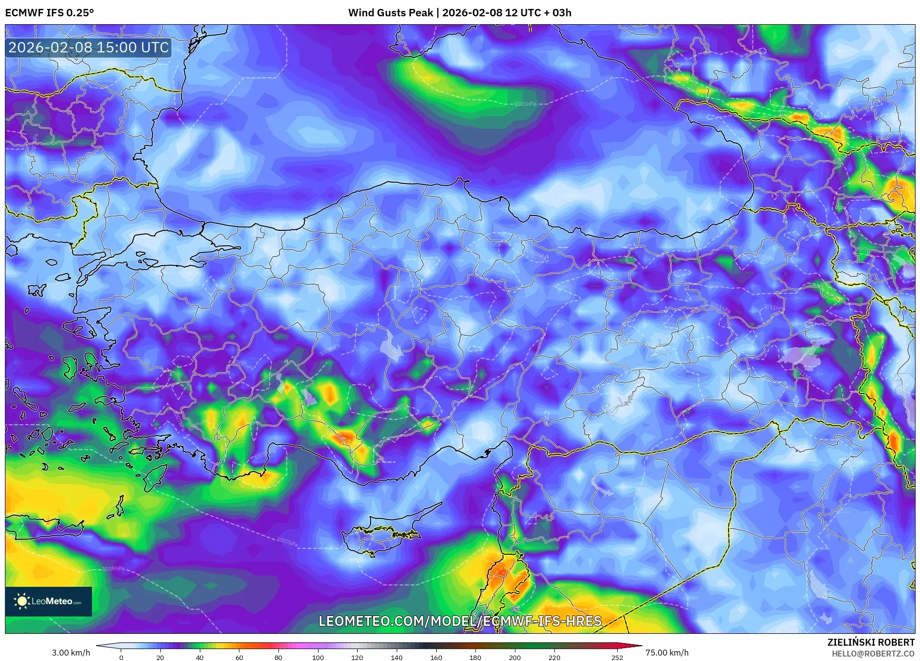 ECMWF IFS 0.25° model - Turkey, Wind Gusts Peak