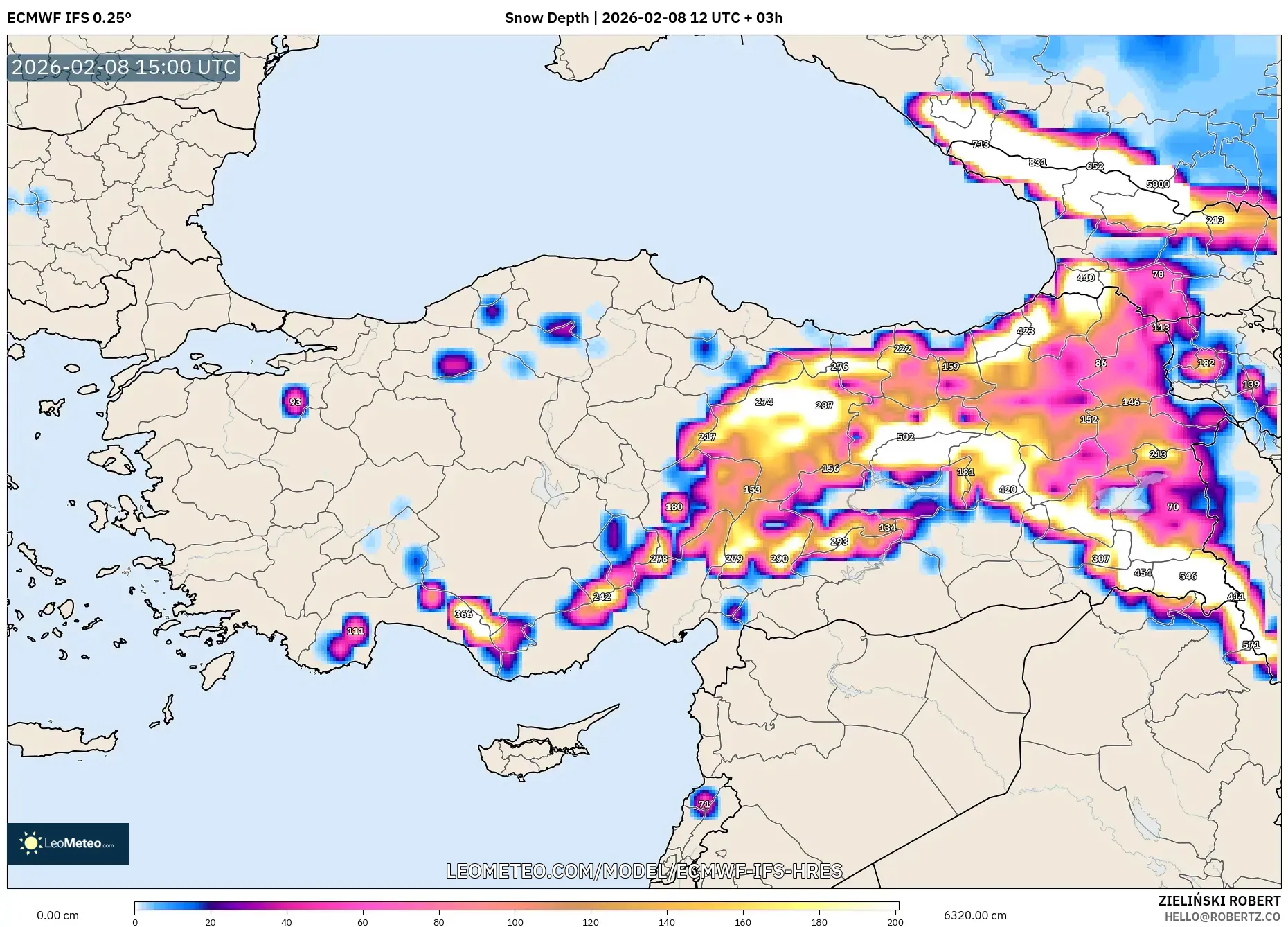 ECMWF IFS 0.25° model - Turkey, Snow Depth