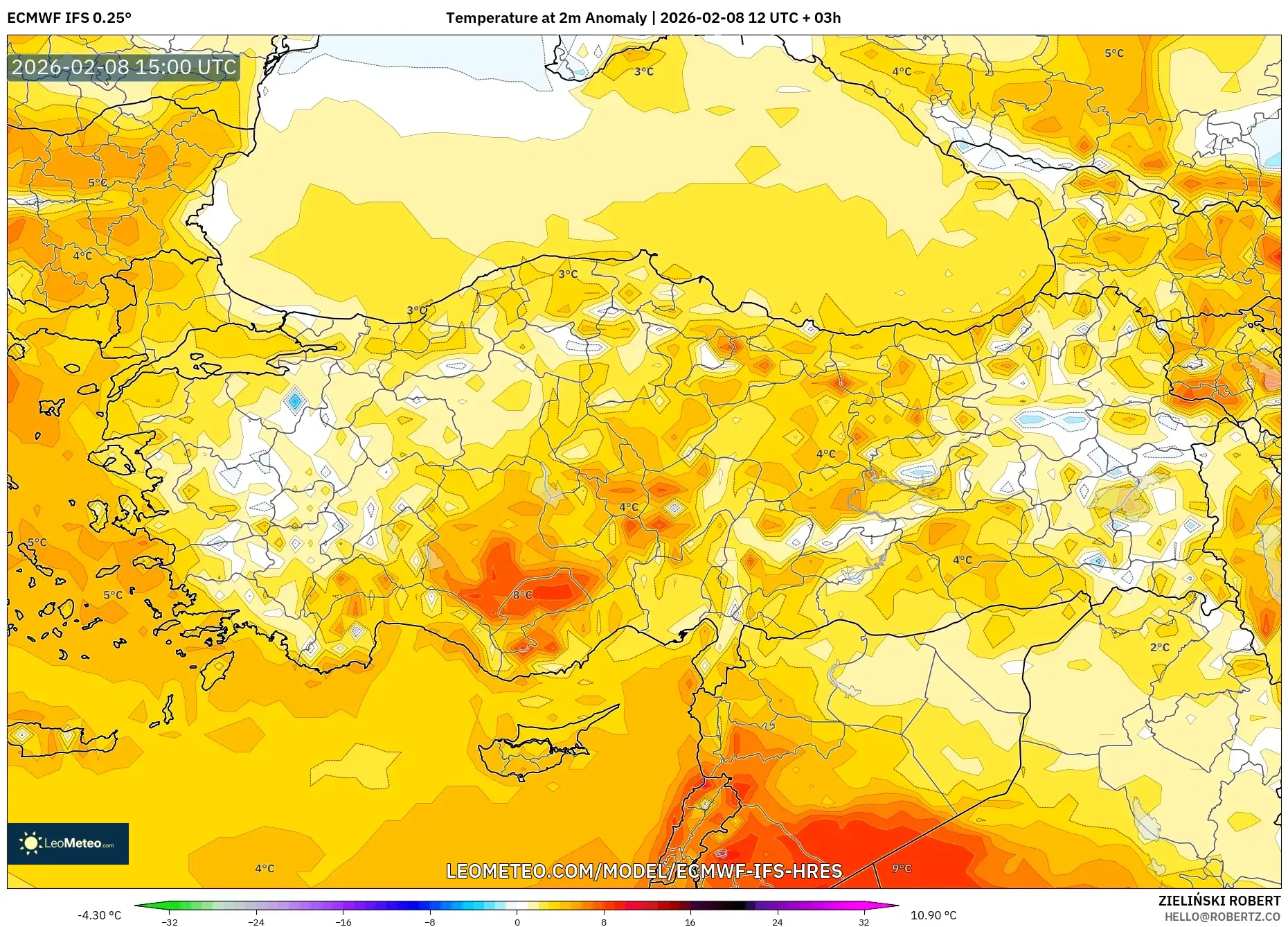 ECMWF IFS 0.25° model - Turkey, Temperature at 2m Anomaly