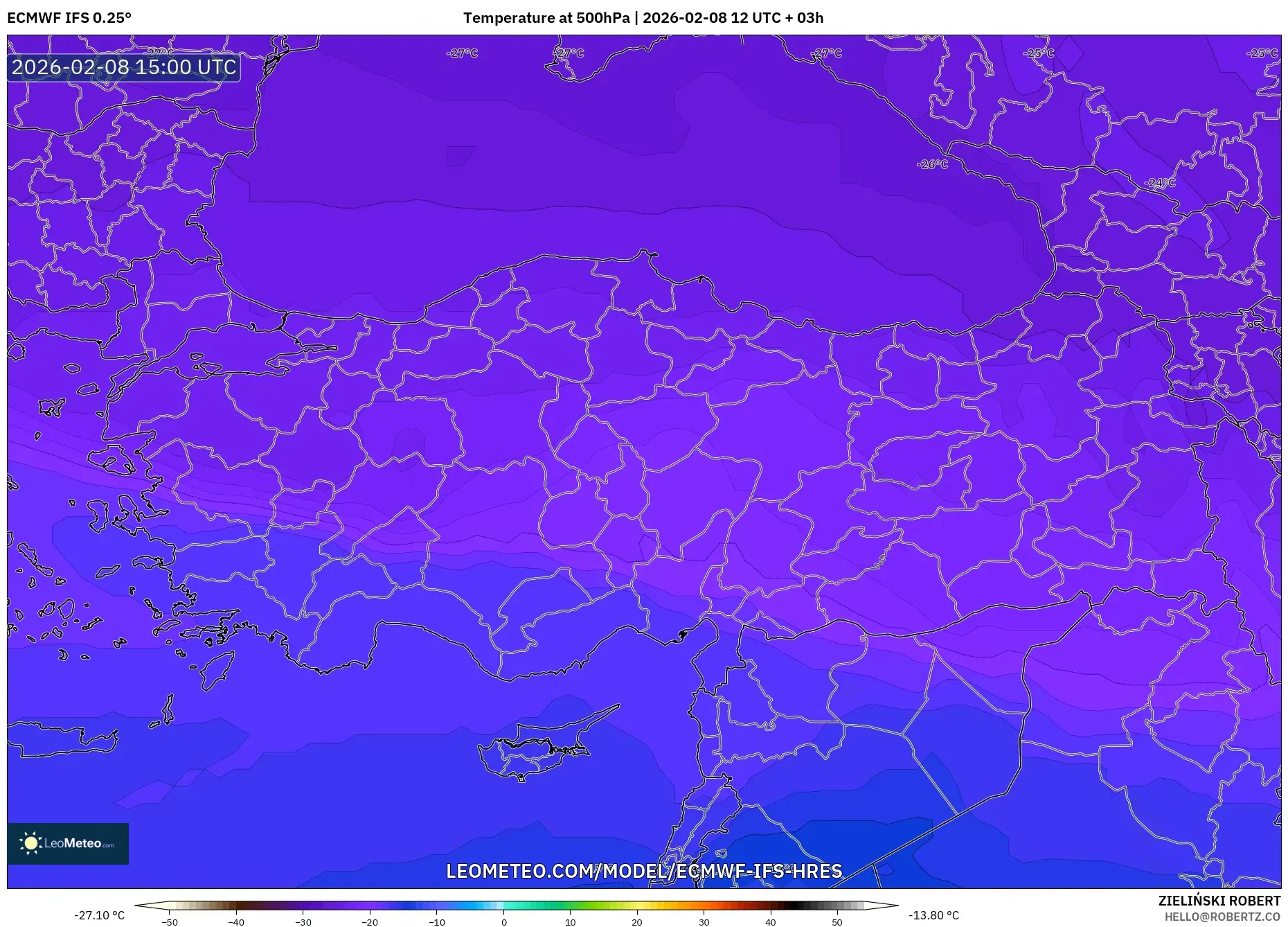 ECMWF IFS 0.25° model - Turkey, Temperature at 500hPa