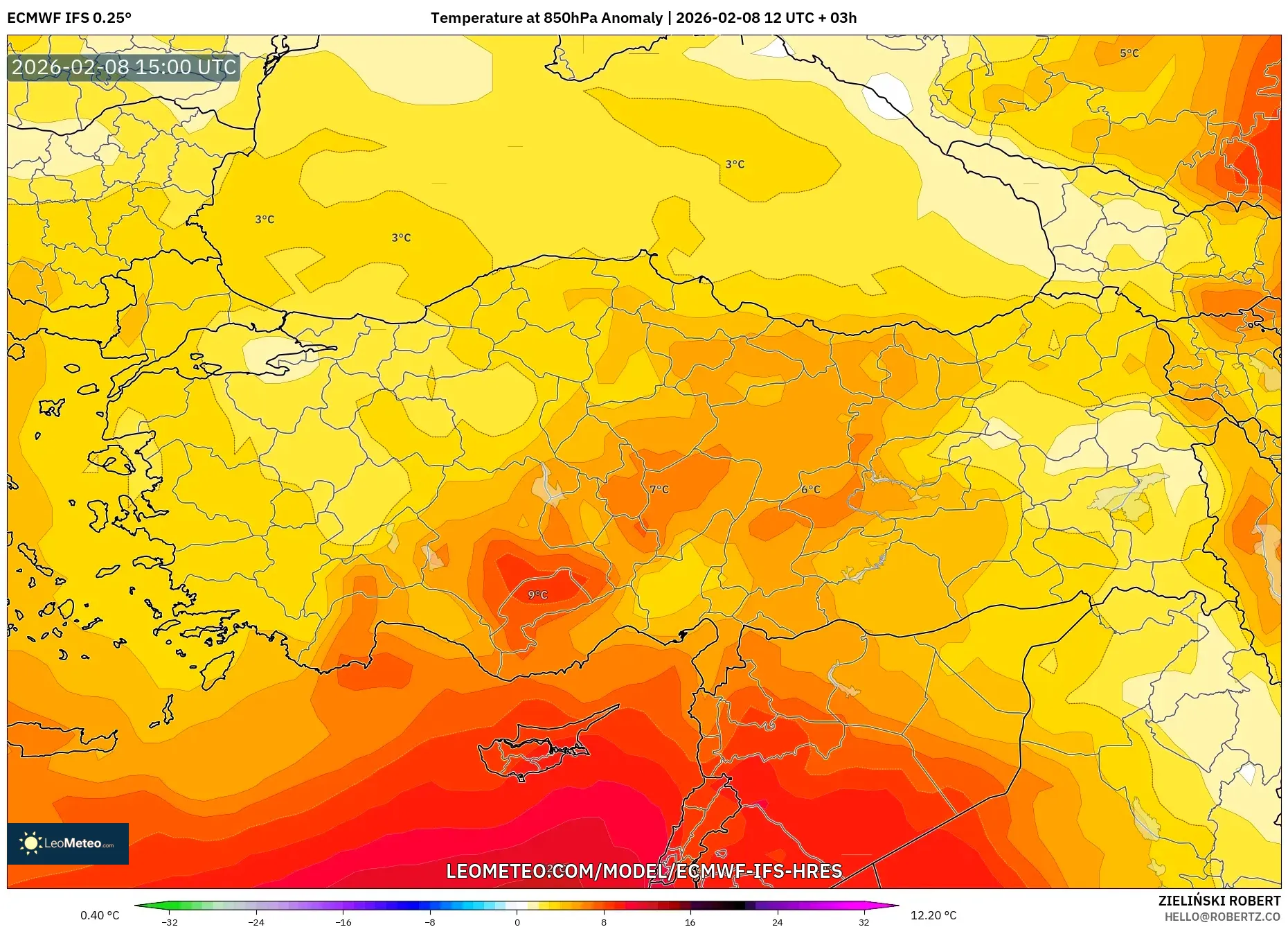 ECMWF IFS 0.25° model - Turki, Anomali Suhu 850 hPa