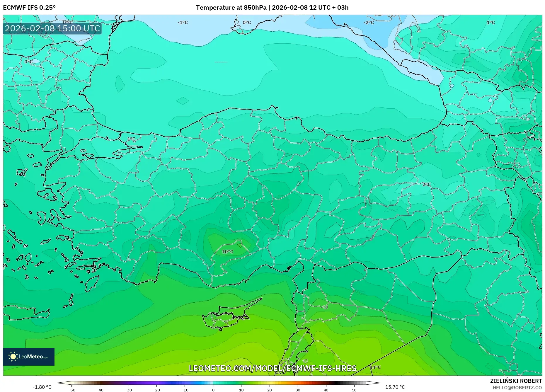 ECMWF IFS 0.25° model - Turkey, Temperature at 850hPa