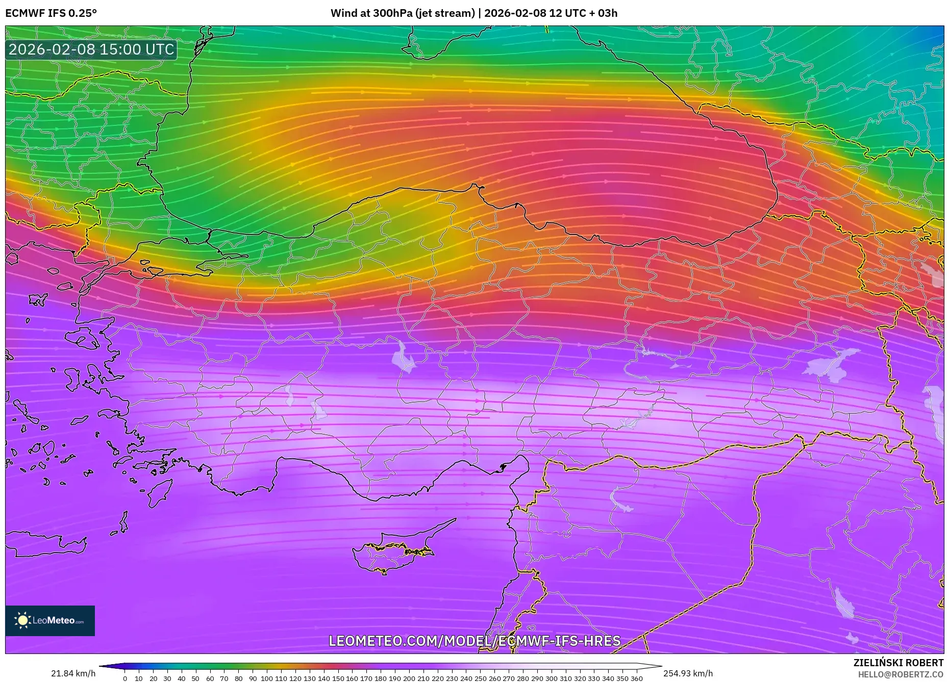 ECMWF IFS 0.25° model - Turkey, Wind at 300hPa (jet stream)