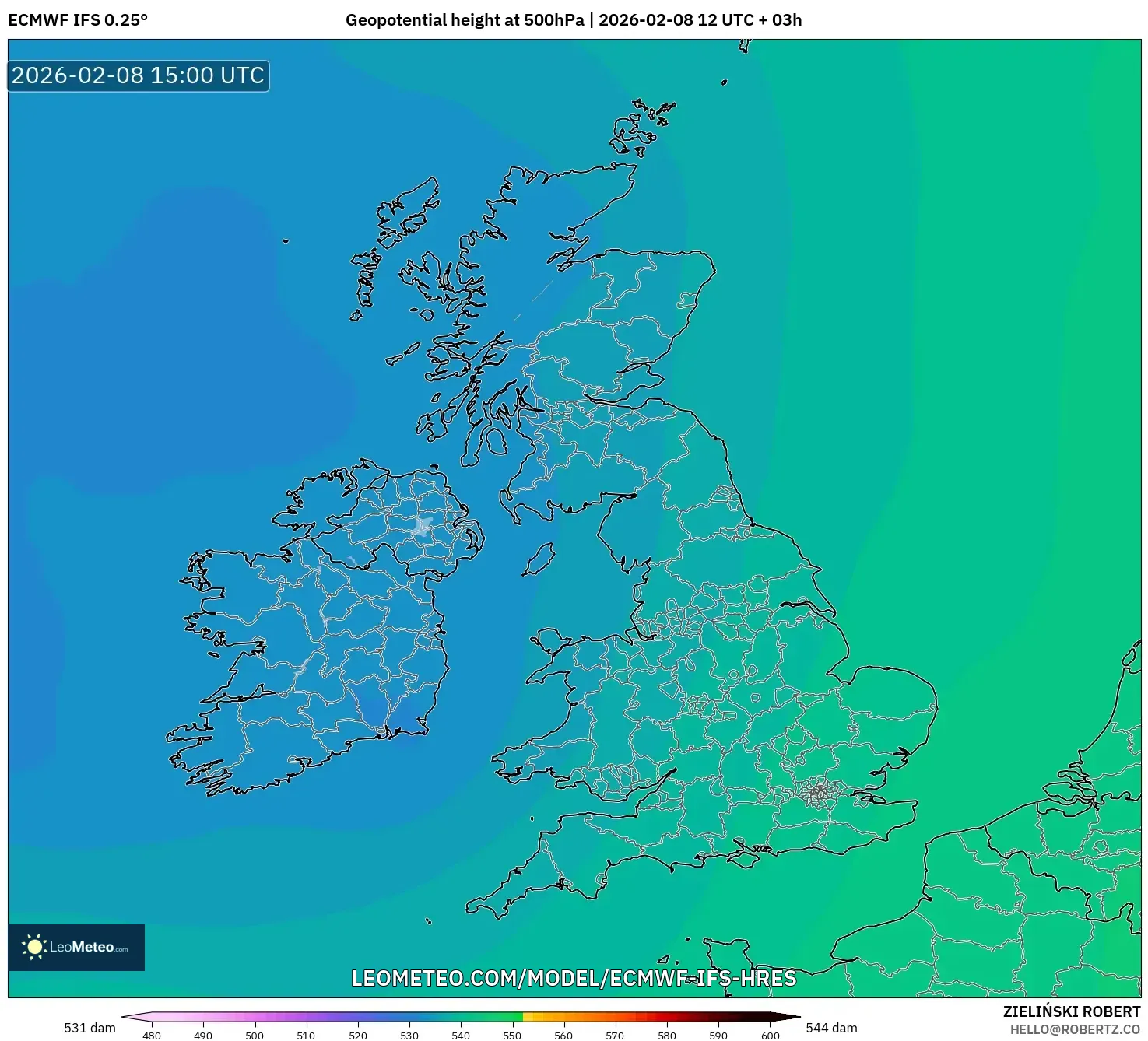 ECMWF IFS 0.25° model - United Kingdom, Geopotential height at 500hPa
