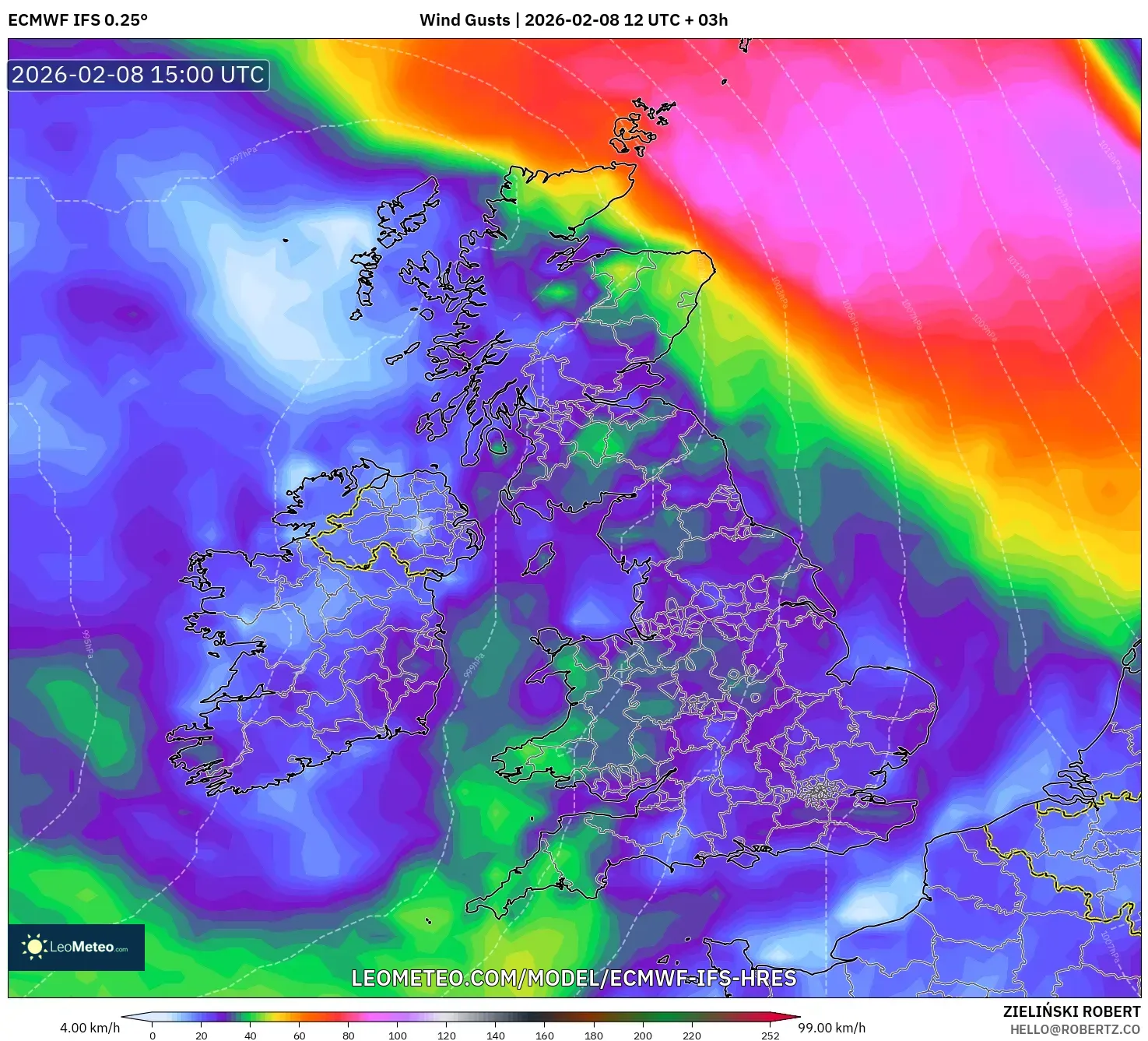 ECMWF IFS 0.25° model - United Kingdom, Wind Gusts