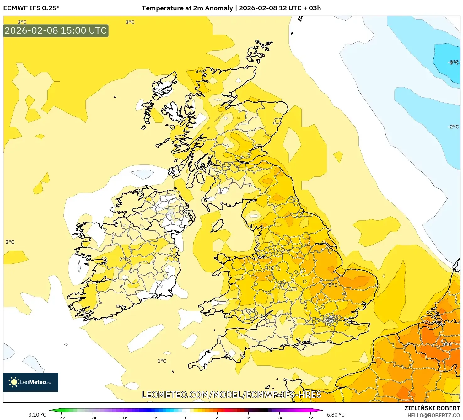 ECMWF IFS 0.25° model - United Kingdom, Temperature at 2m Anomaly
