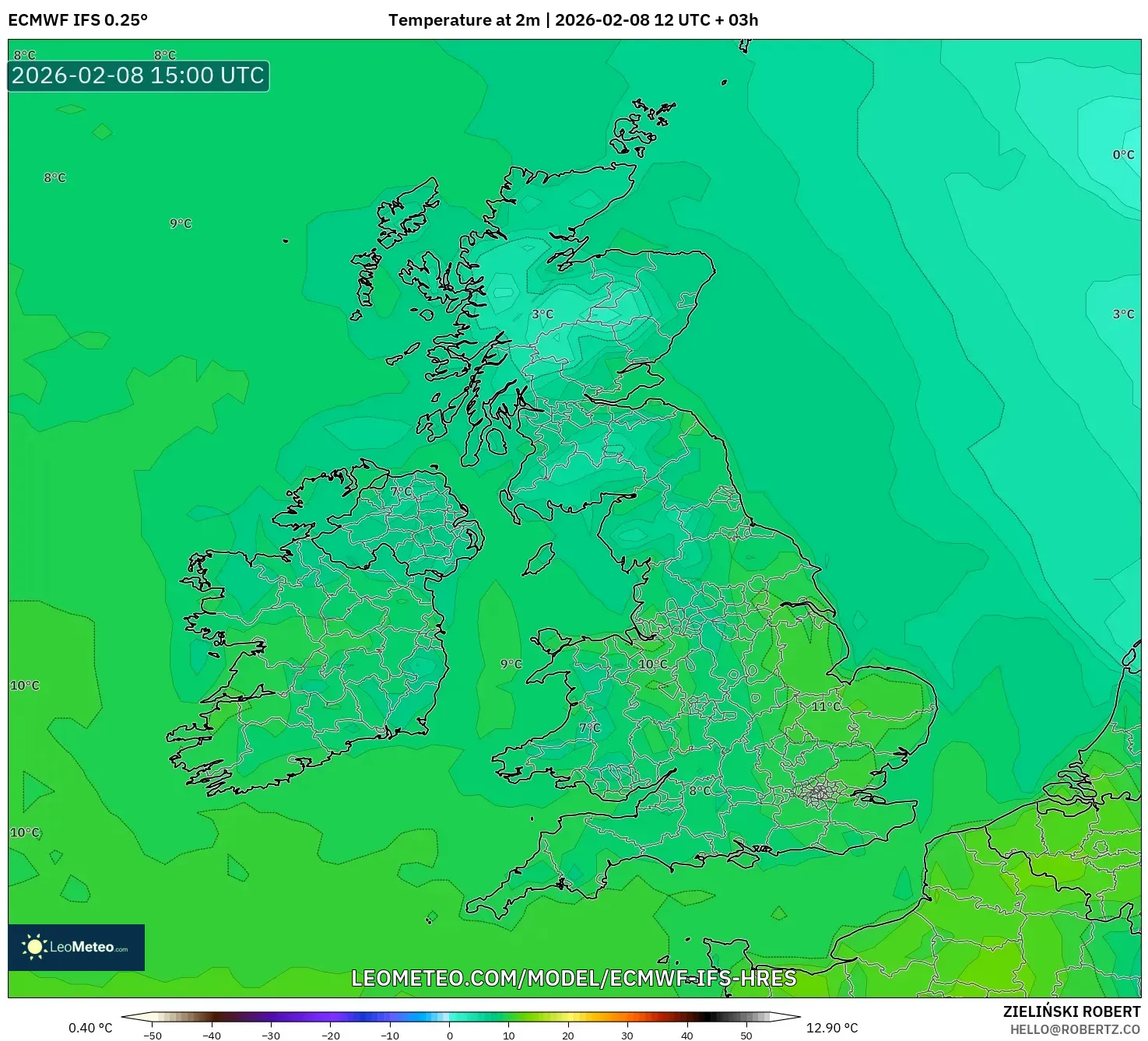 ECMWF IFS 0.25° model - Britania Raya, Suhu 2 m