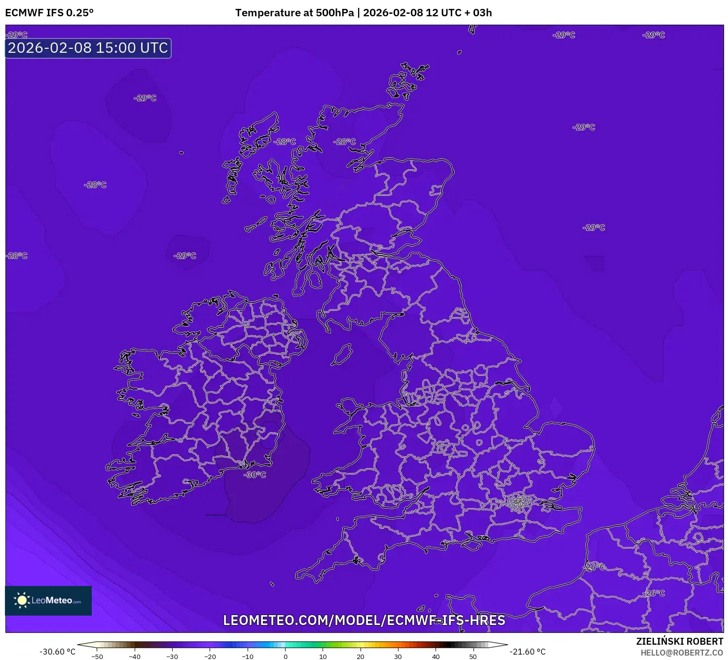 ECMWF IFS 0.25° model - United Kingdom, Temperature at 500hPa