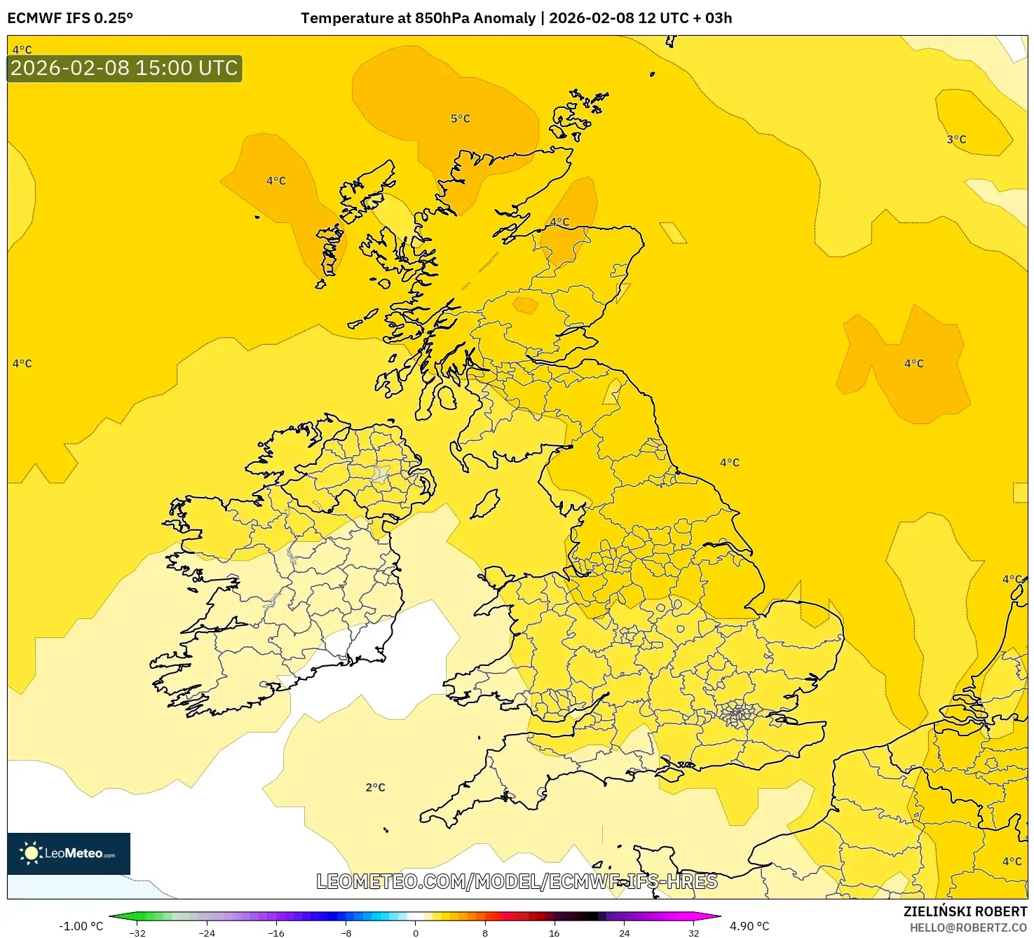 ECMWF IFS 0.25° model - United Kingdom, Temperature at 850hPa Anomaly