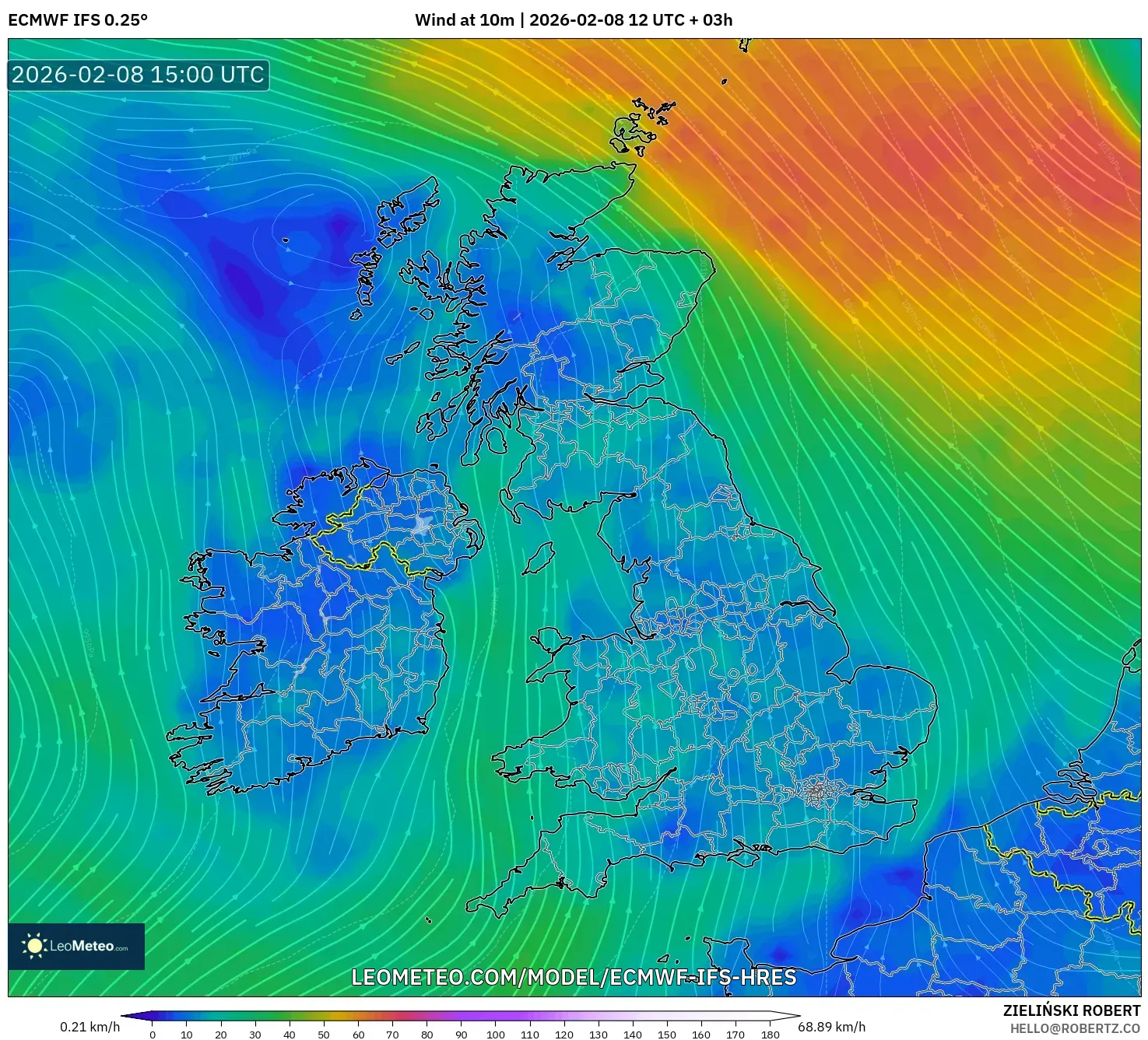 ECMWF IFS 0.25° model - United Kingdom, Wind at 10m