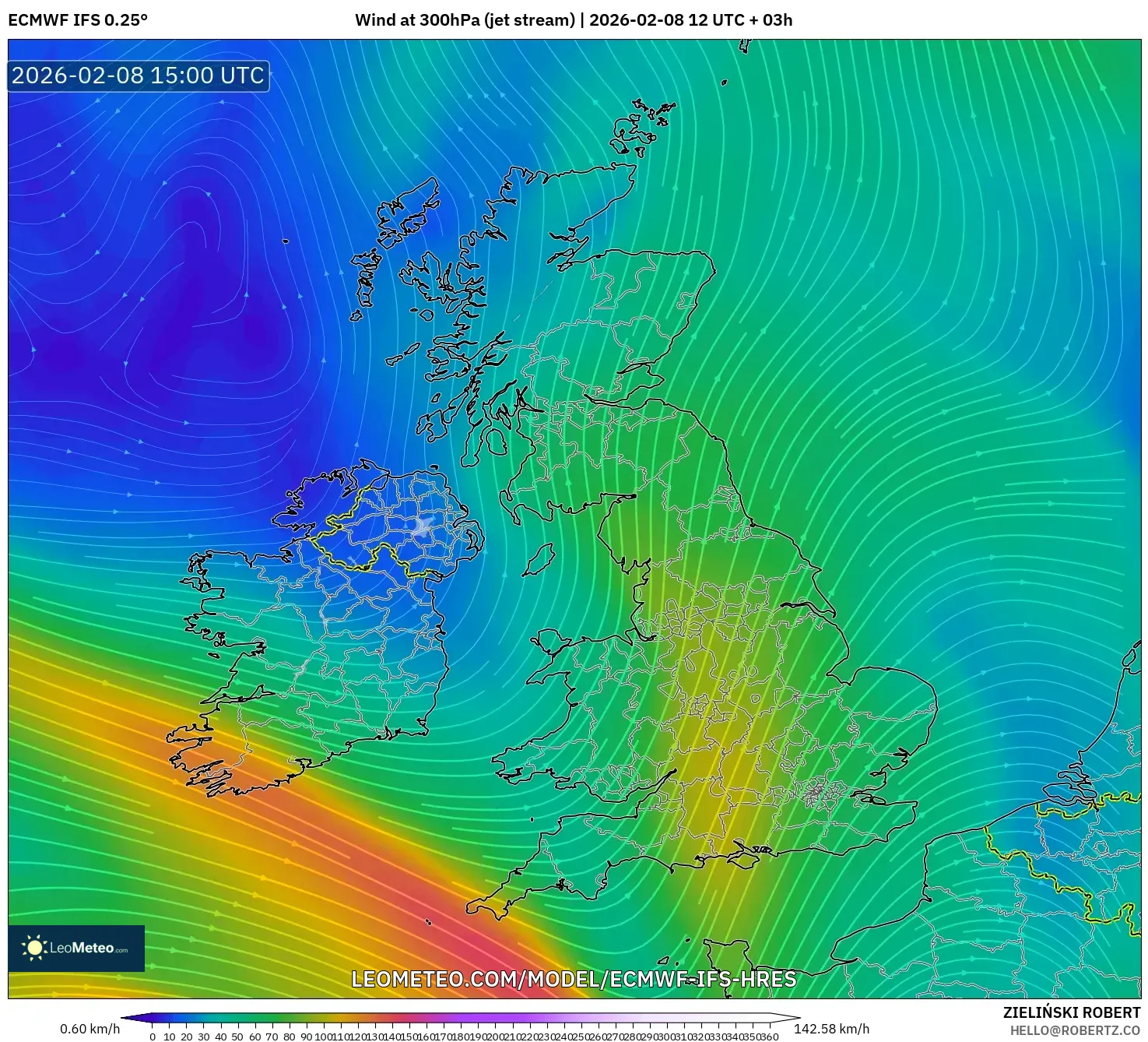 ECMWF IFS 0.25° model - United Kingdom, Wind at 300hPa (jet stream)