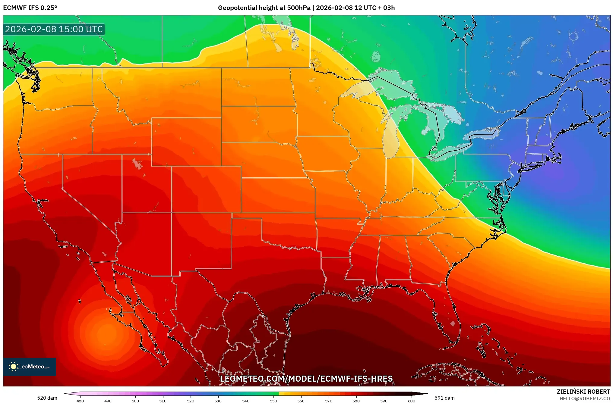 ECMWF IFS 0.25° model - Amerika Serikat, Ketinggian geopotensial pada 500 hPa