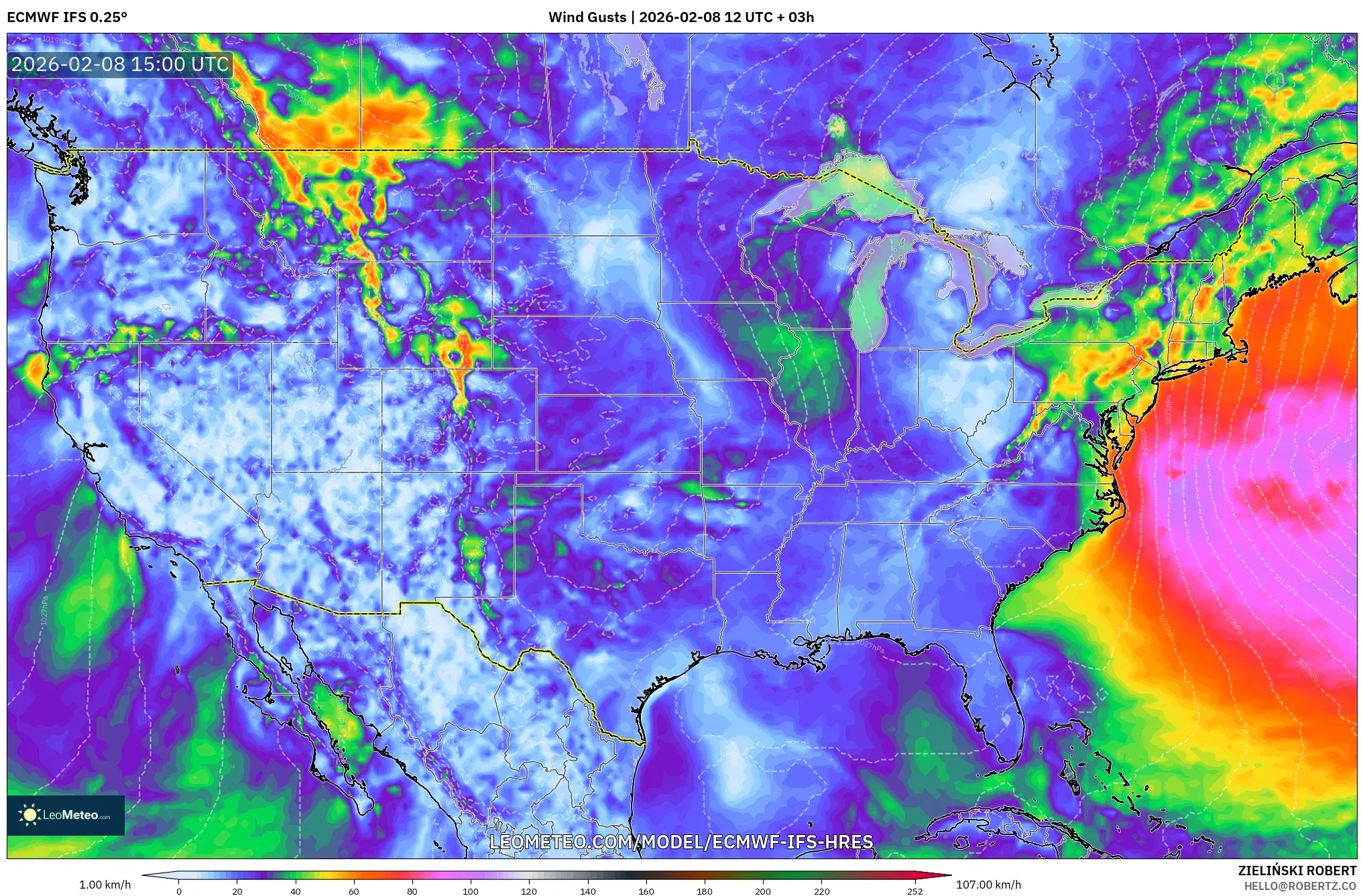 ECMWF IFS 0.25° model - United States, Wind Gusts