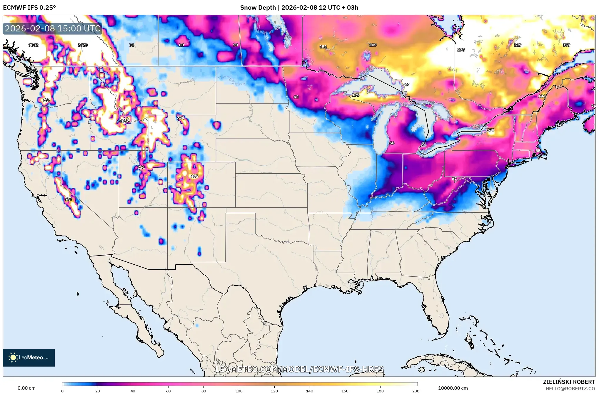 ECMWF IFS 0.25° model - Amerika Serikat, Kedalaman Salju
