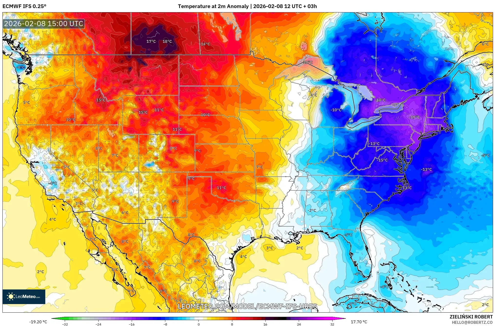 ECMWF IFS 0.25° model - United States, Temperature at 2m Anomaly