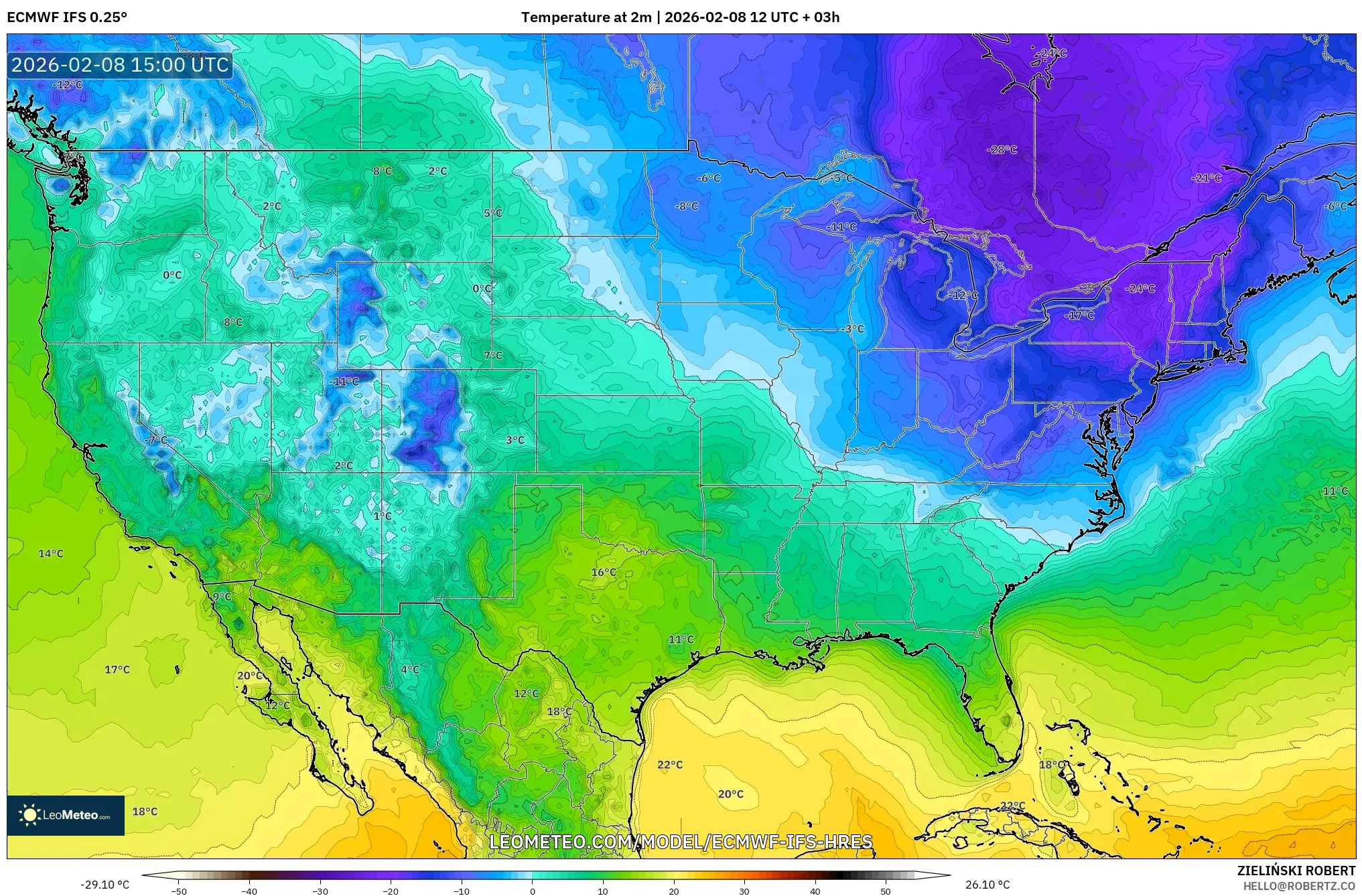 ECMWF IFS 0.25° model - United States, Temperature at 2m