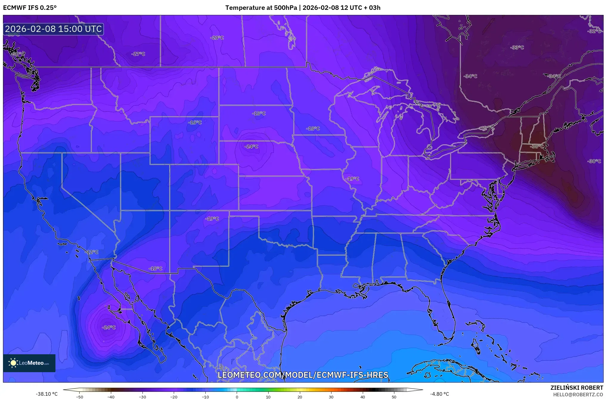 ECMWF IFS 0.25° model - United States, Temperature at 500hPa
