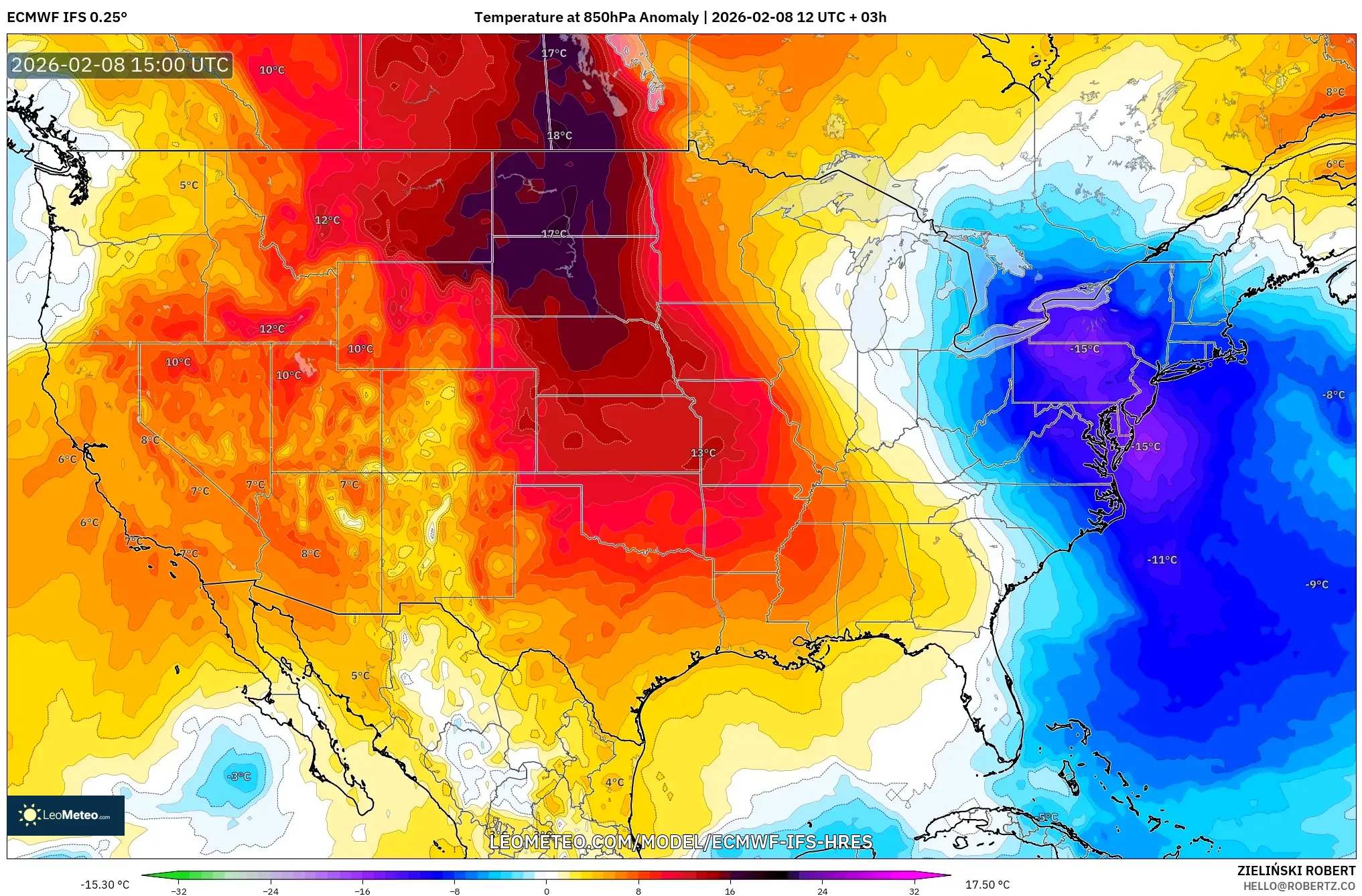ECMWF IFS 0.25° model - Amerika Serikat, Anomali Suhu 850 hPa