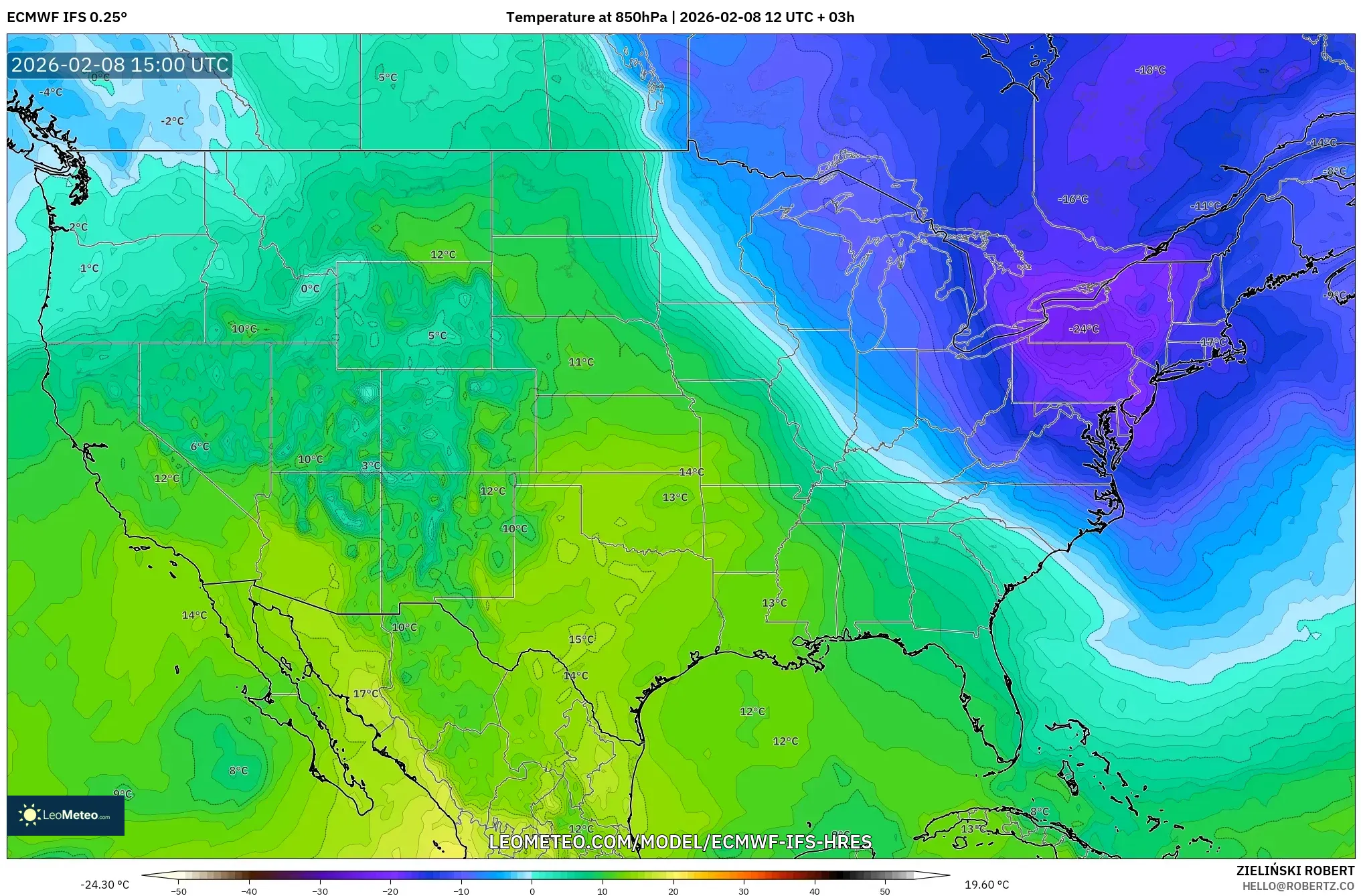 ECMWF IFS 0.25° model - United States, Temperature at 850hPa