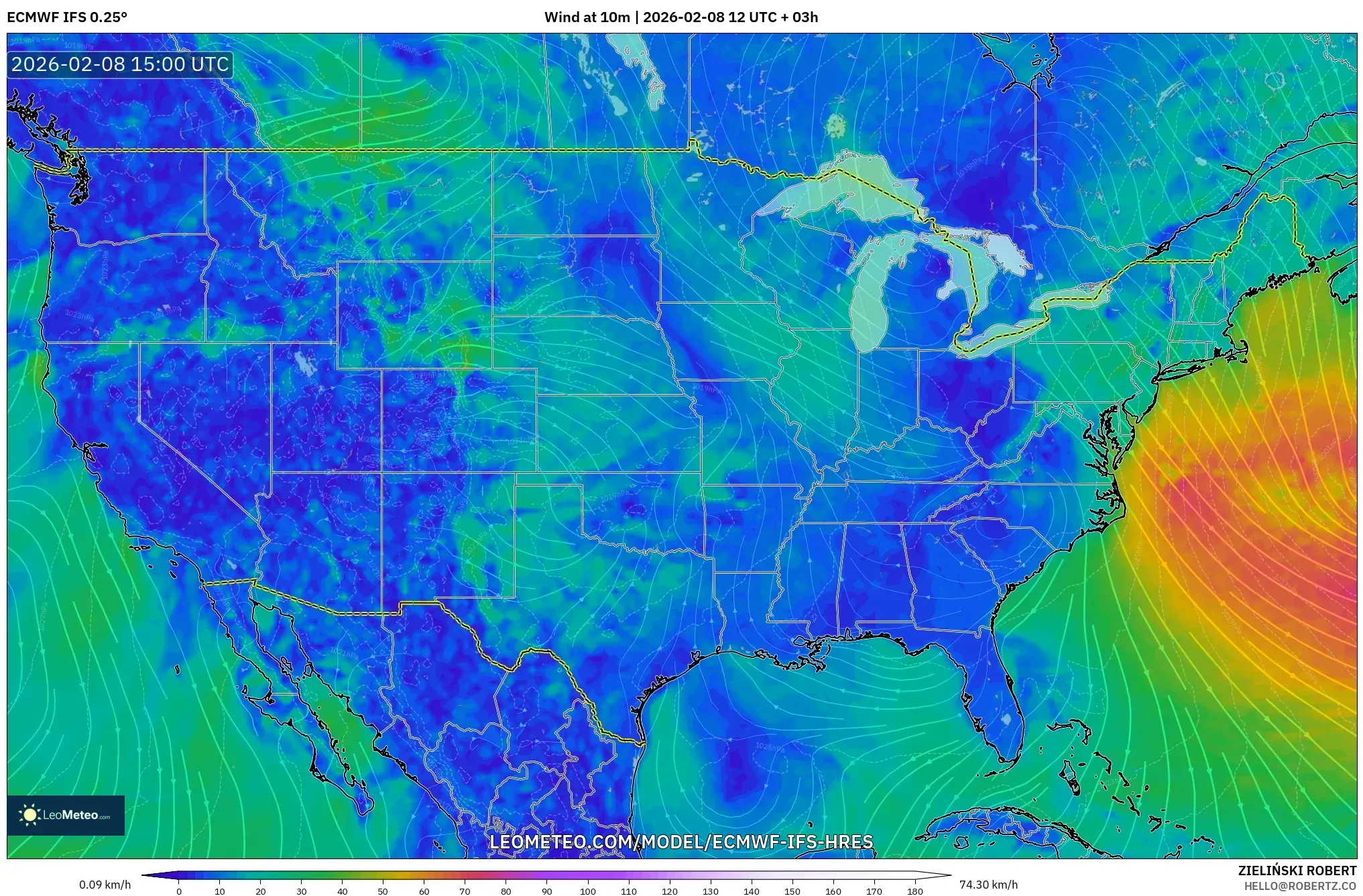 ECMWF IFS 0.25° model - Amerika Serikat, Angin 10 m