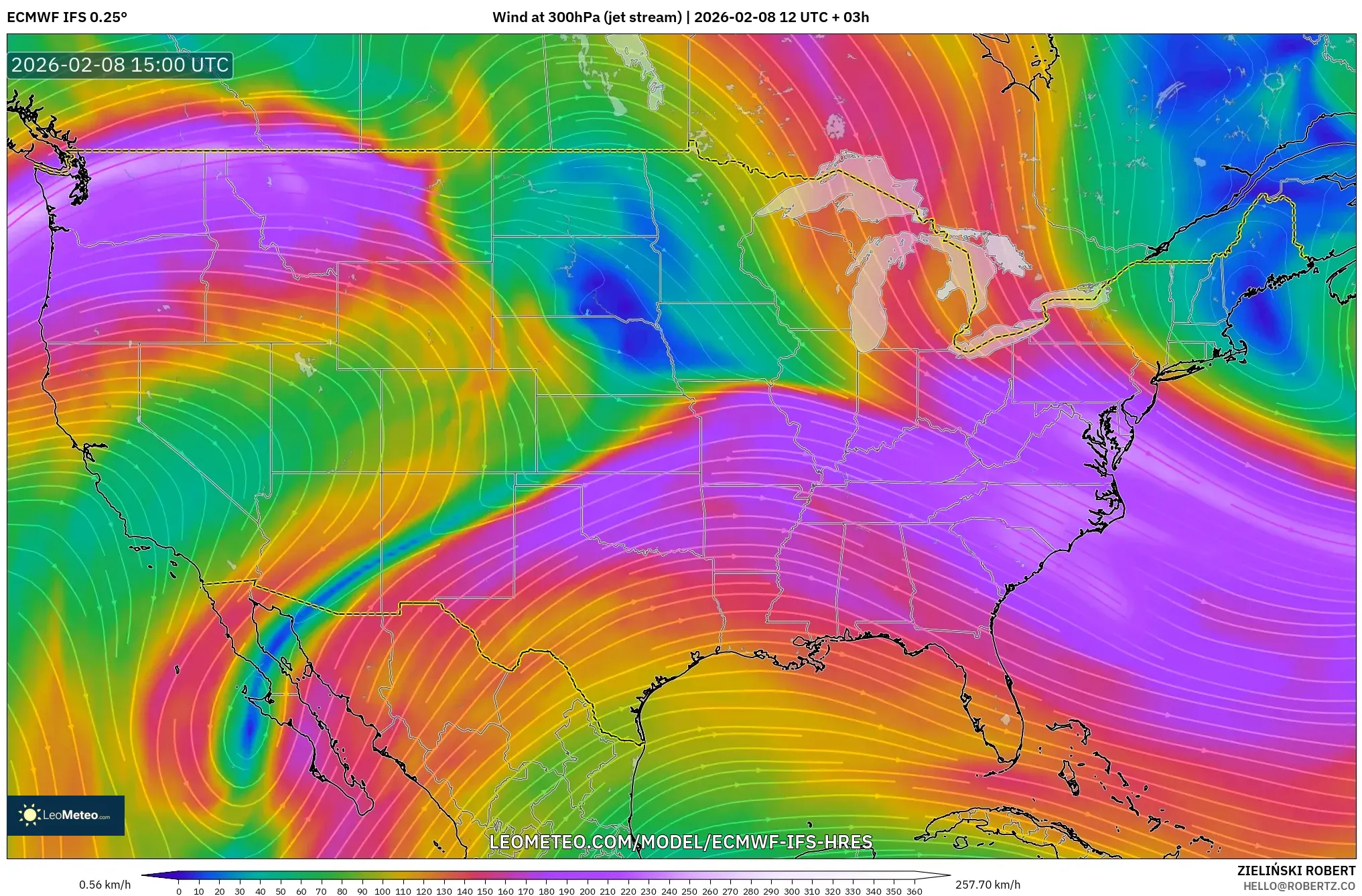 ECMWF IFS 0.25° model - United States, Wind at 300hPa (jet stream)