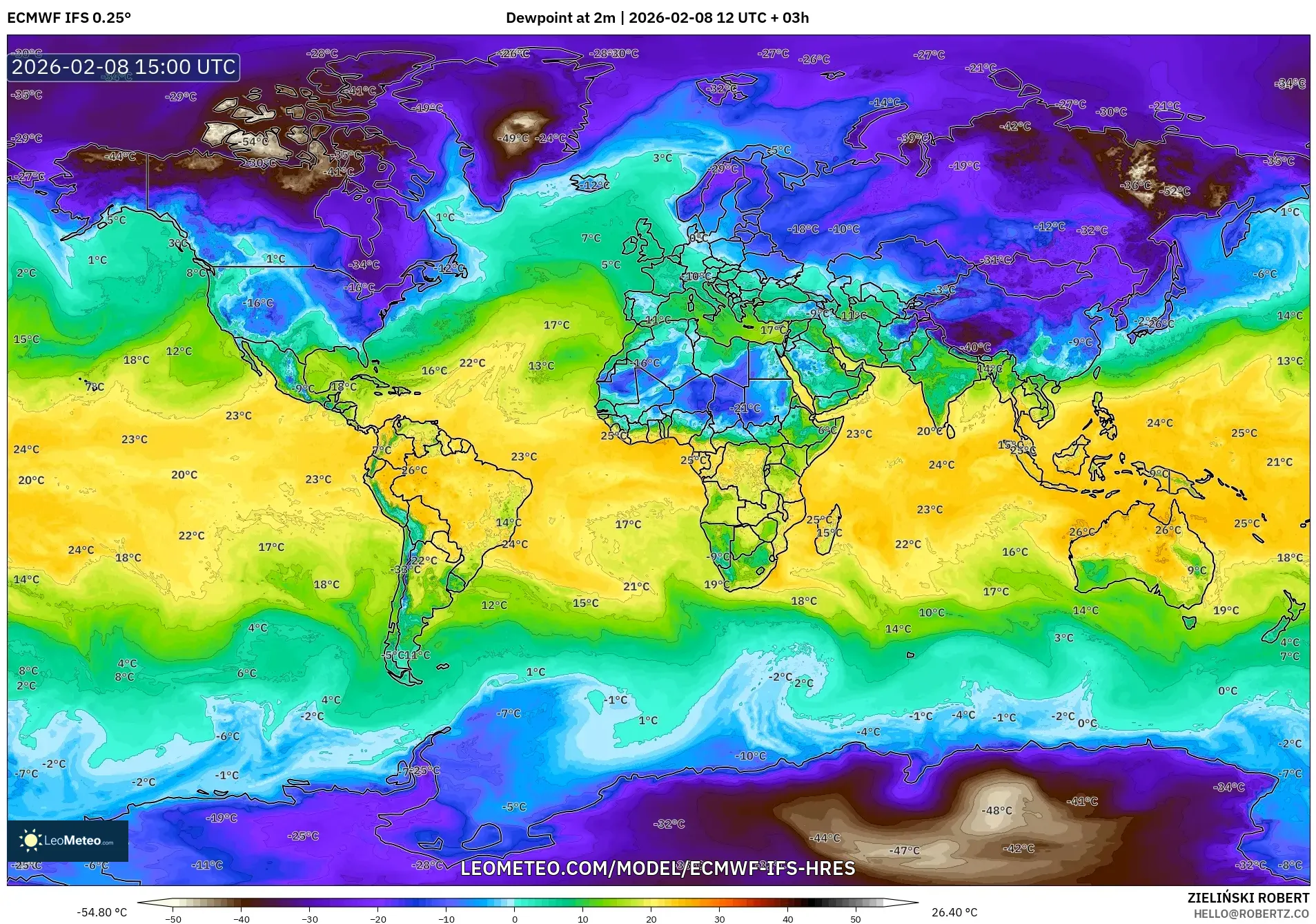 ECMWF IFS 0.25° model - World, Dewpoint at 2m