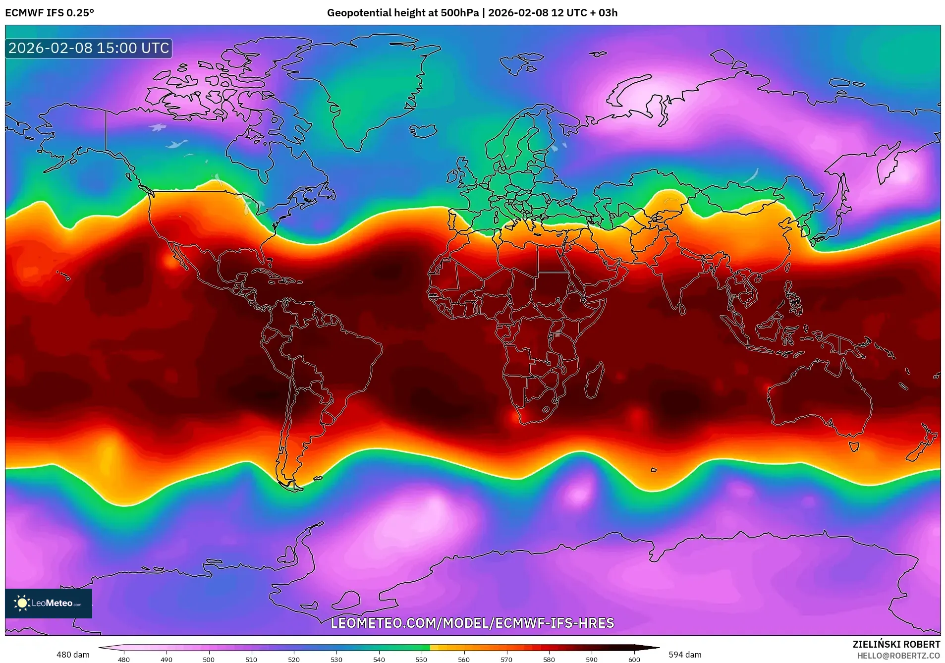 ECMWF IFS 0.25° model - World, Geopotential height at 500hPa