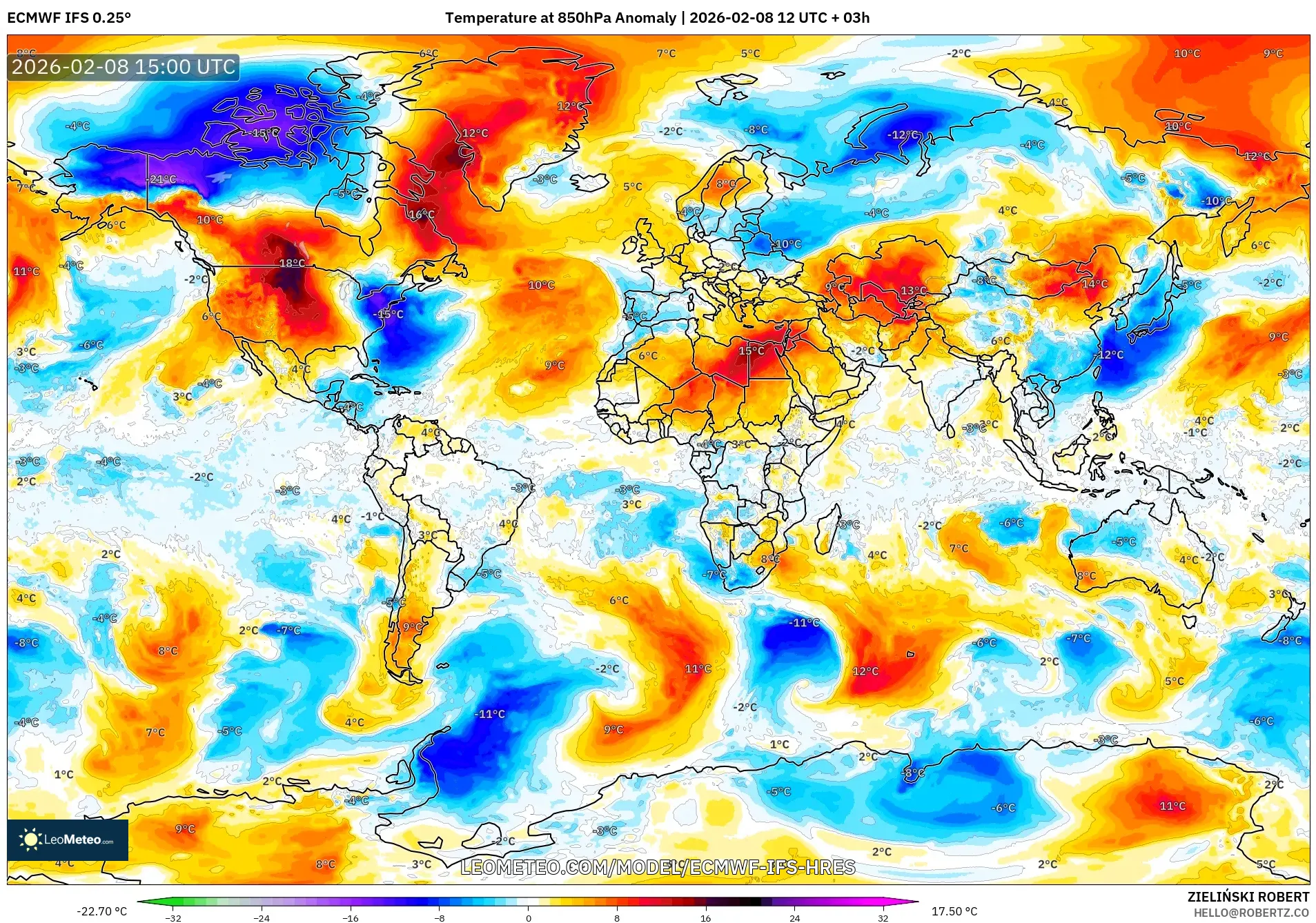 ECMWF IFS 0.25° model - World, Temperature at 850hPa Anomaly