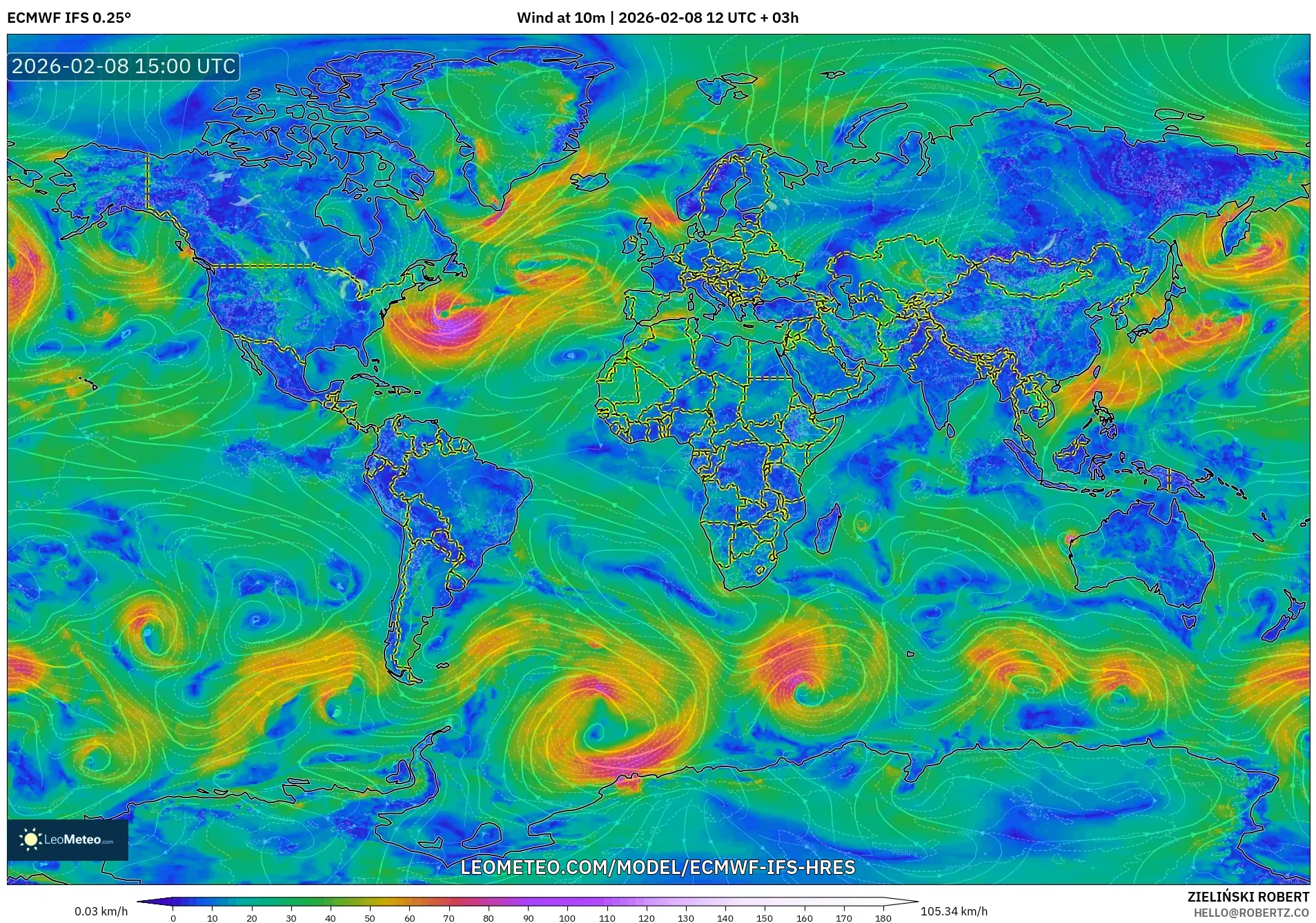 ECMWF IFS 0.25° model - World, Wind at 10m