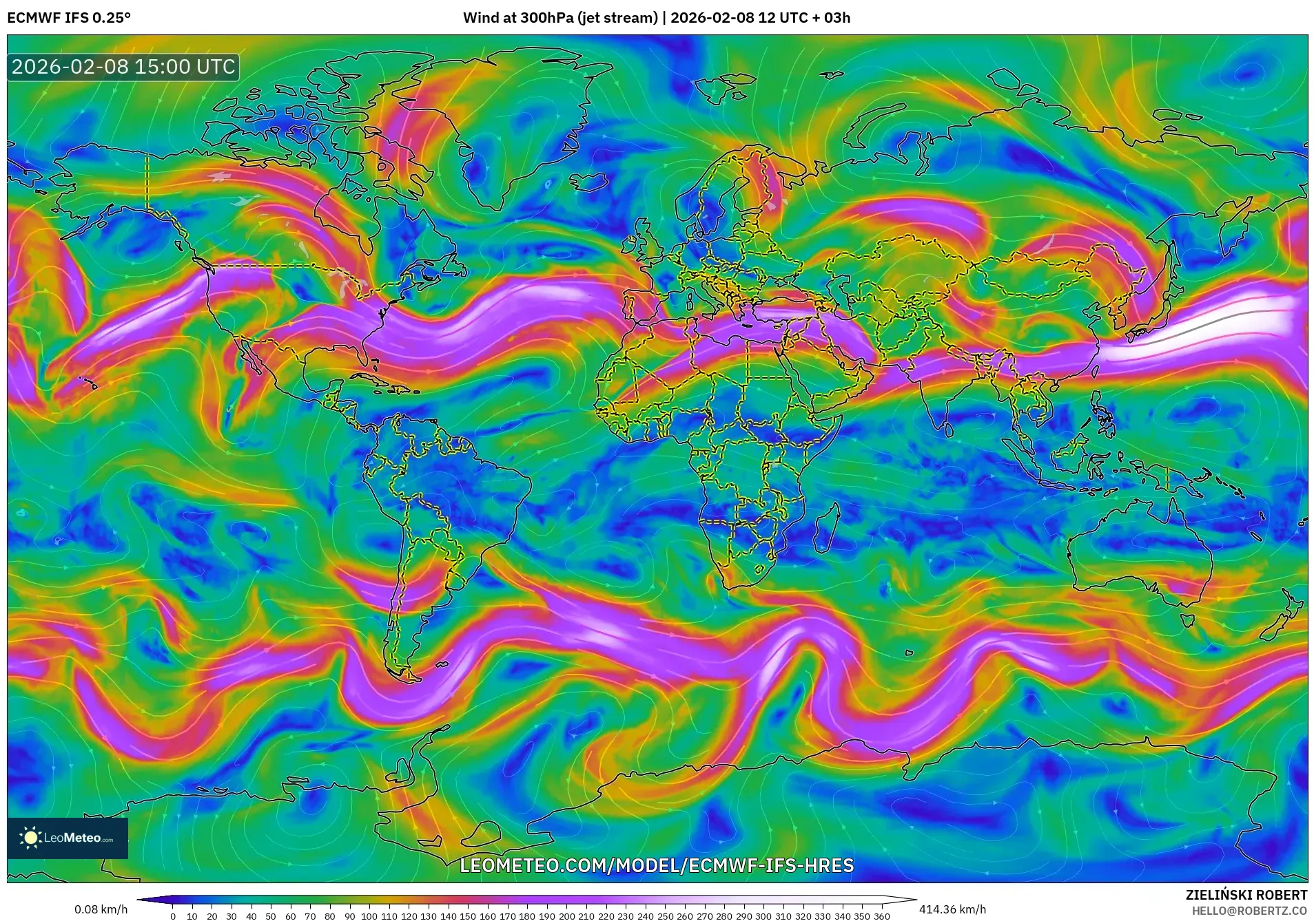 ECMWF IFS 0.25° model - World, Wind at 300hPa (jet stream)