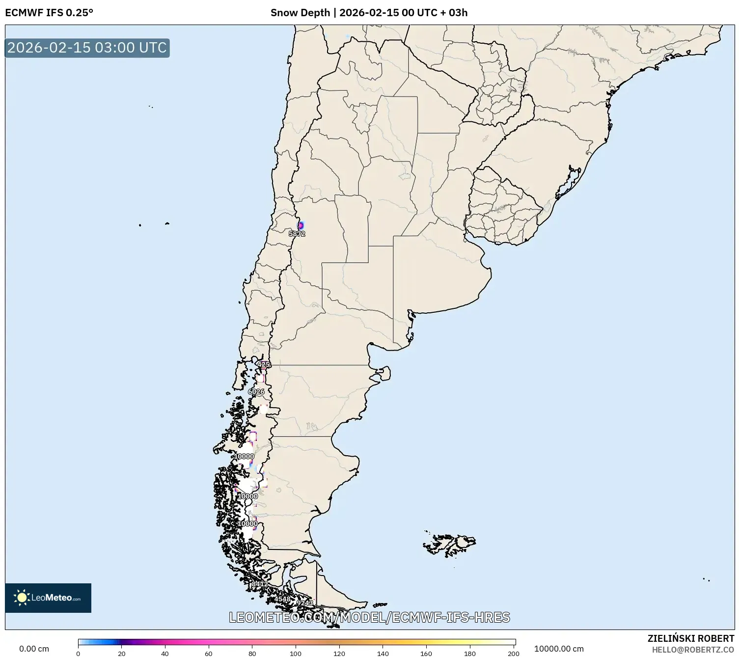 ECMWF IFS 0.25° model - Argentina, Snow Depth