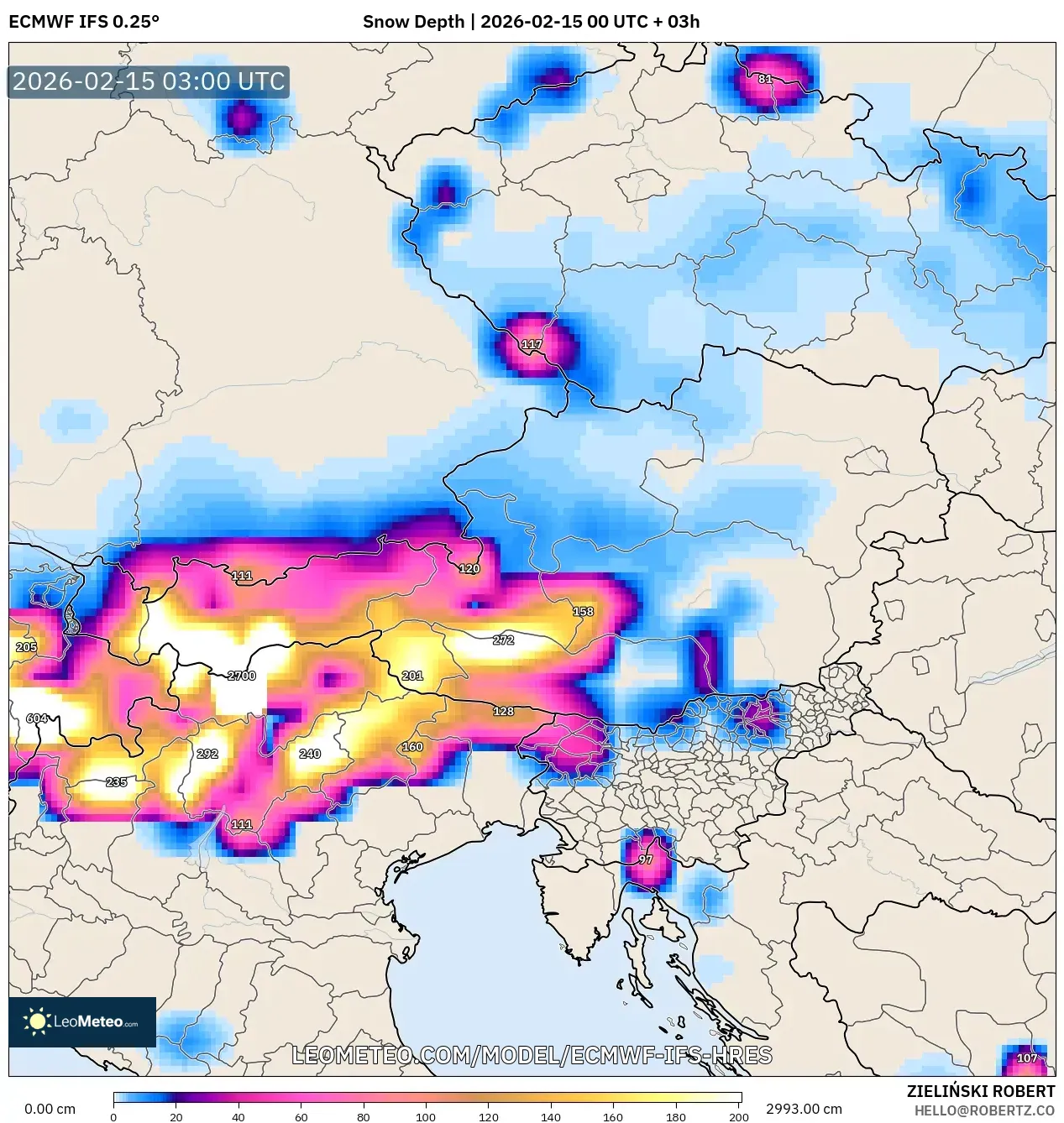 ECMWF IFS 0.25° model - Austria, Snow Depth