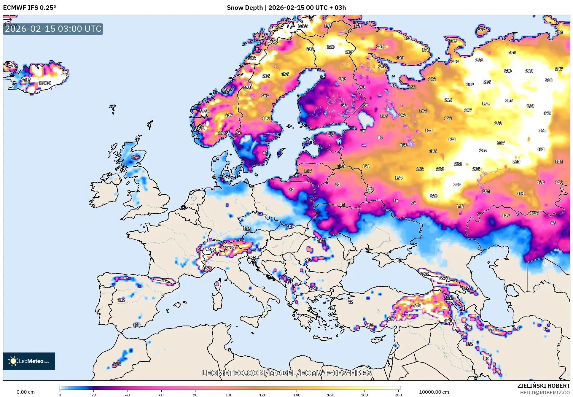 ECMWF IFS 0.25° model - Europe, Snow Depth