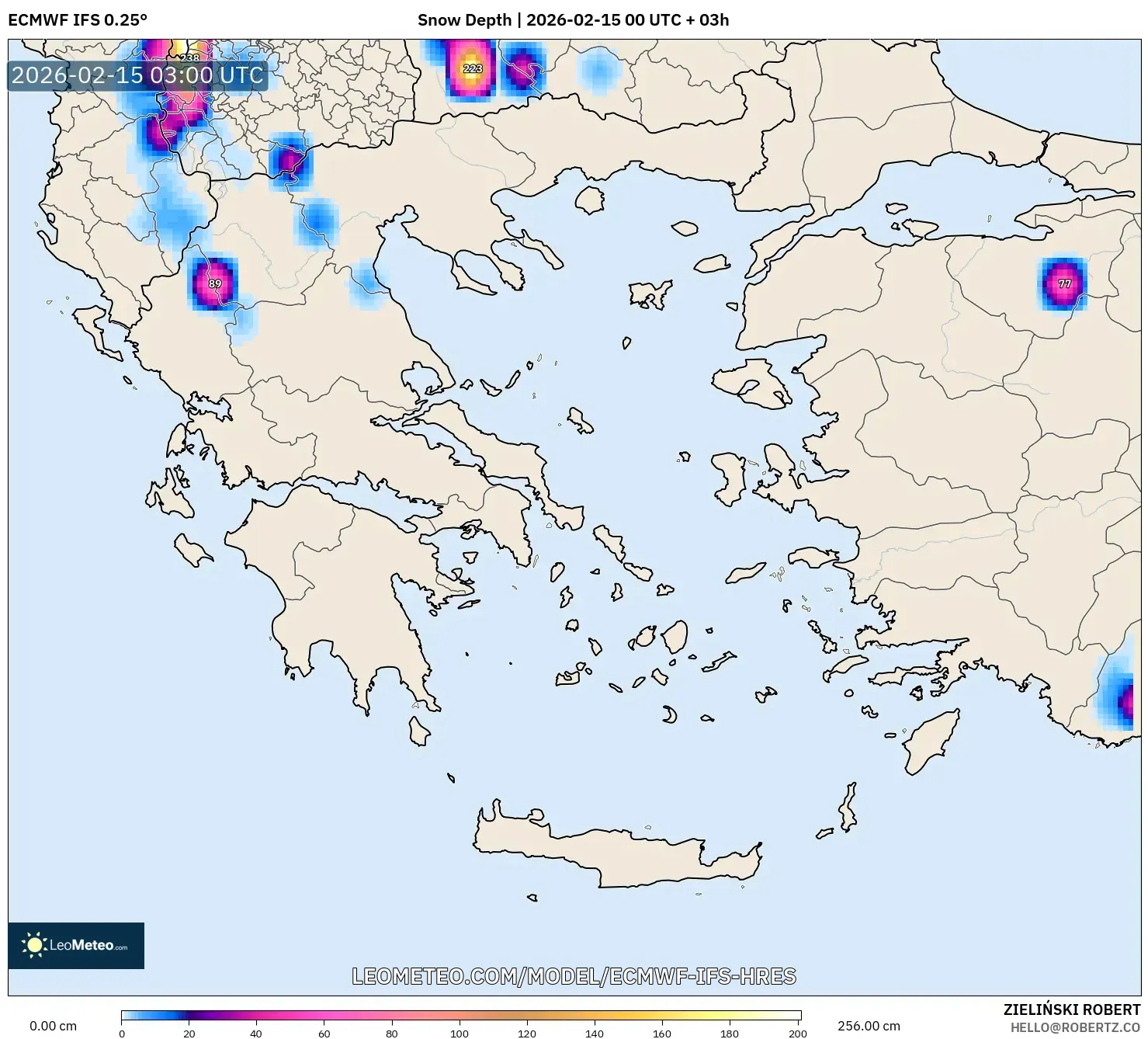 ECMWF IFS 0.25° model - Greece, Snow Depth