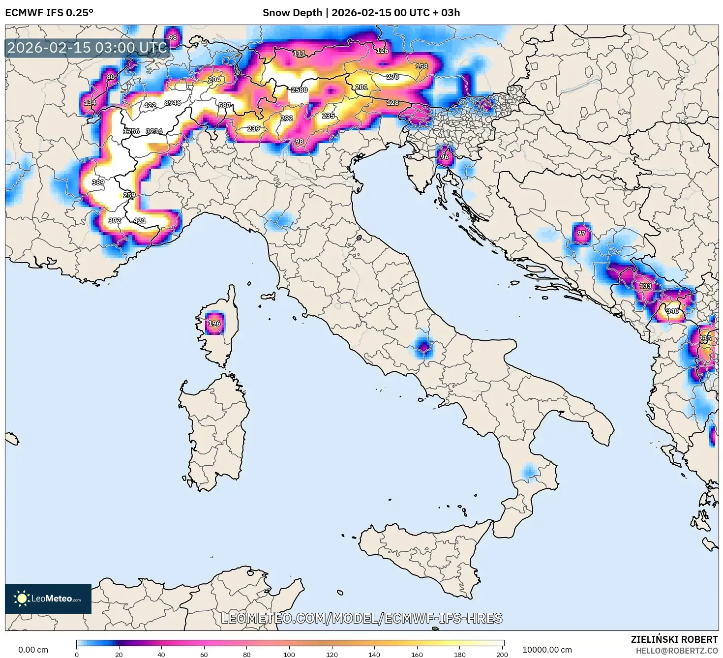 ECMWF IFS 0.25° model - Italy, Snow Depth