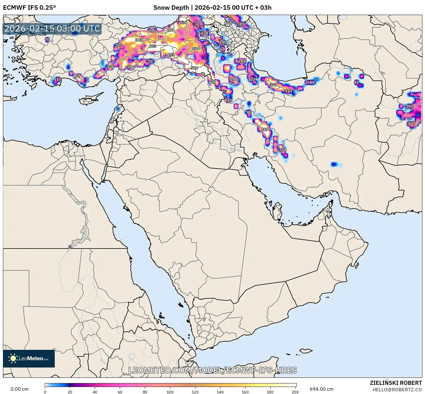 ECMWF IFS 0.25° model - Middle East, Snow Depth