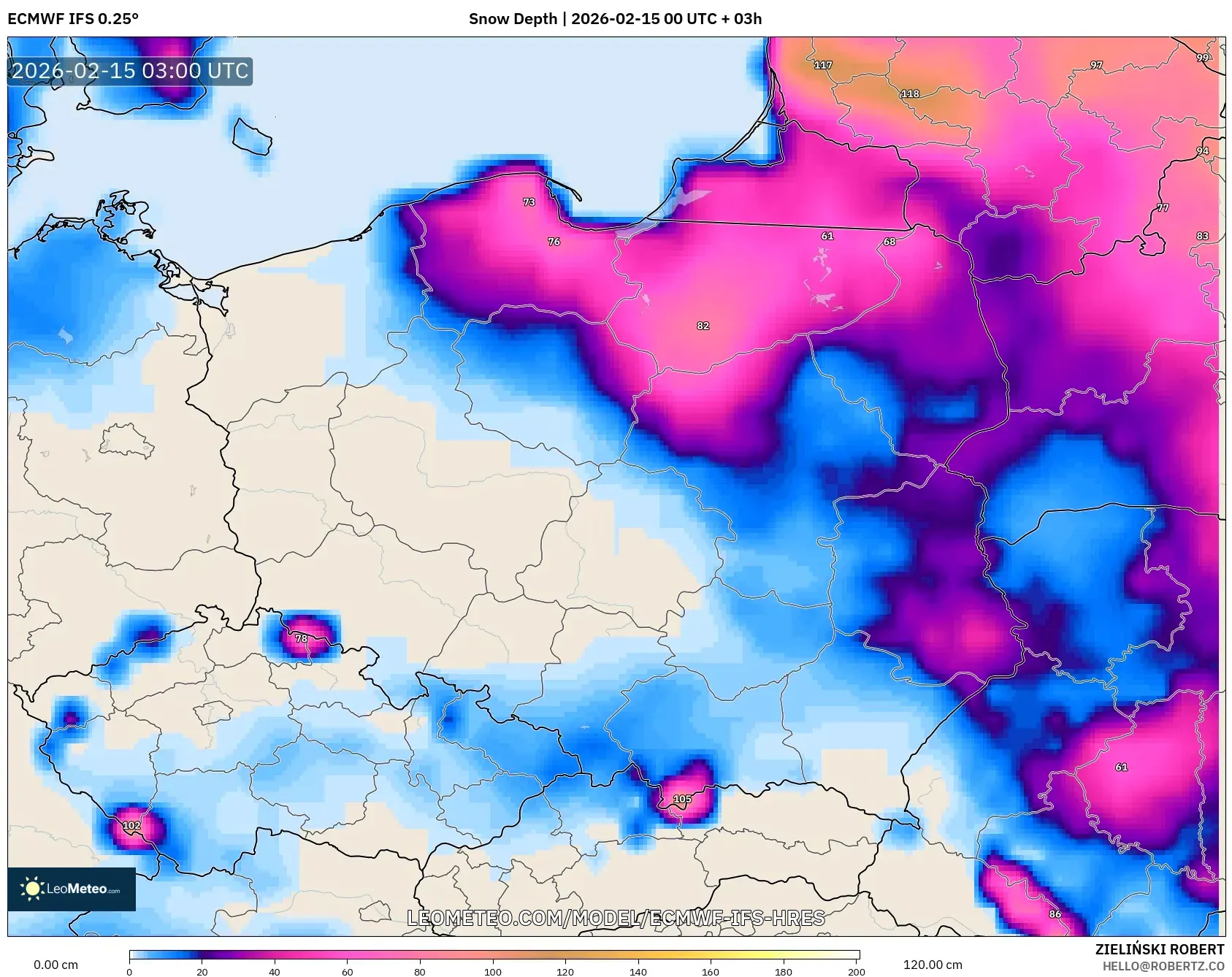 ECMWF IFS 0.25° model - Poland, Snow Depth