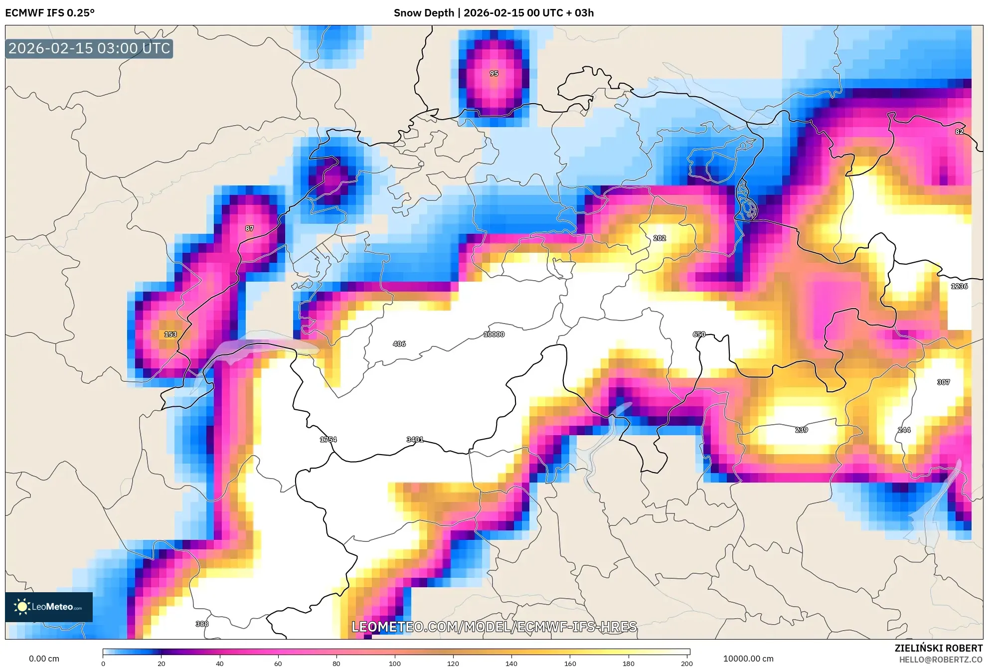 ECMWF IFS 0.25° model - Switzerland, Snow Depth