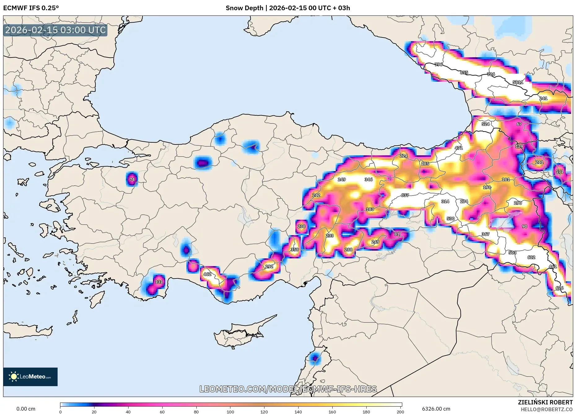 ECMWF IFS 0.25° model - Turkey, Snow Depth