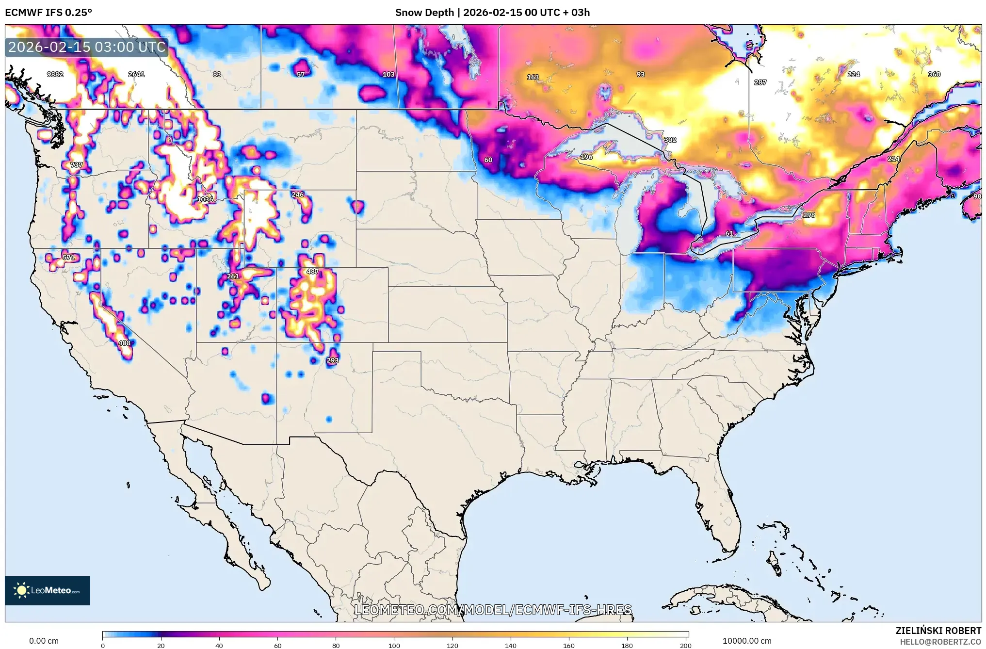 ECMWF IFS 0.25° model - United States, Snow Depth