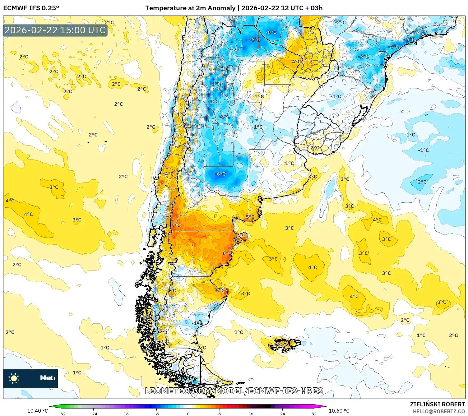 ECMWF IFS 0.25° model - الأرجنتين, انحراف درجة الحرارة 2 م