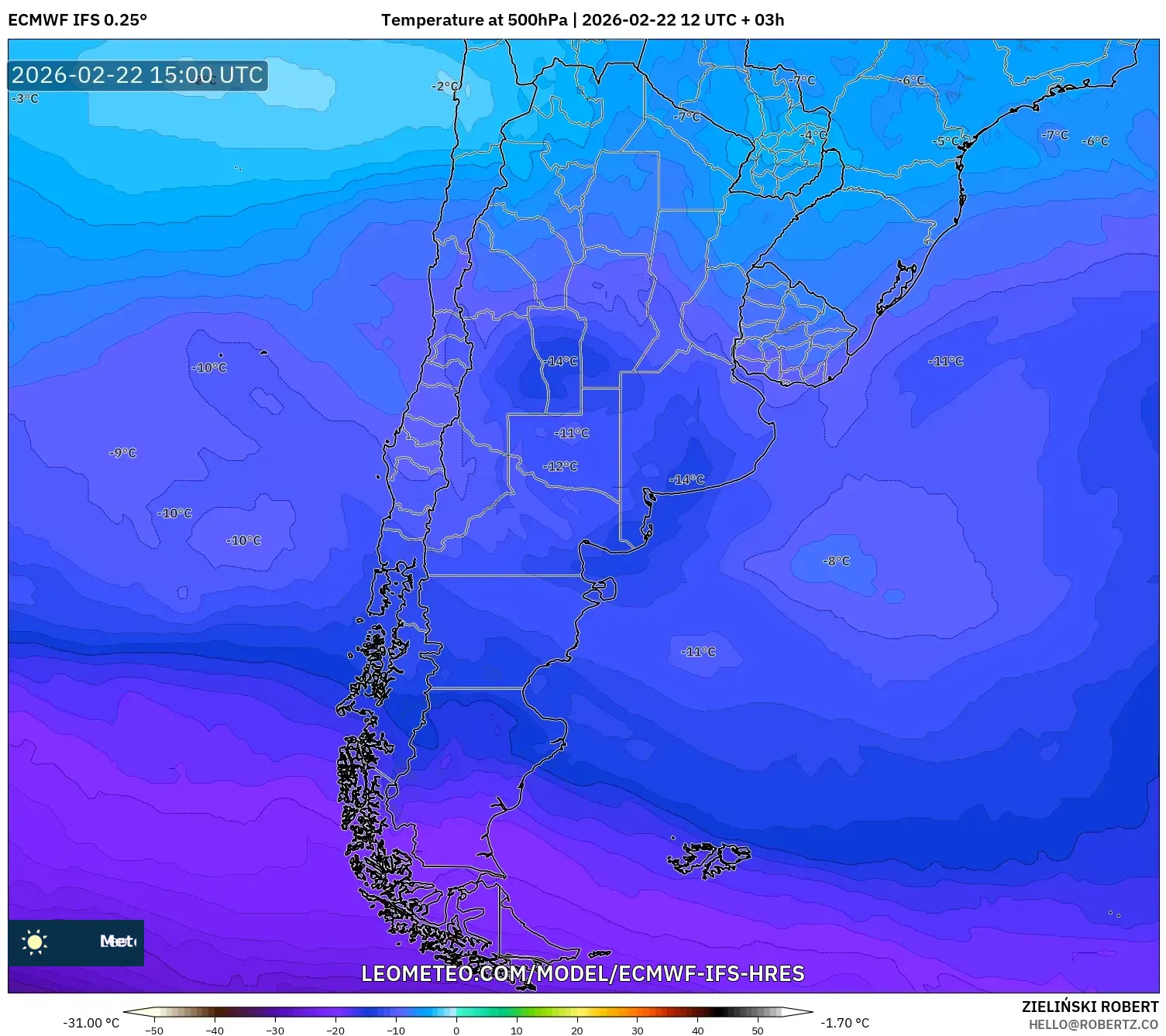 ECMWF IFS 0.25° model - الأرجنتين, درجة الحرارة 500 hPa