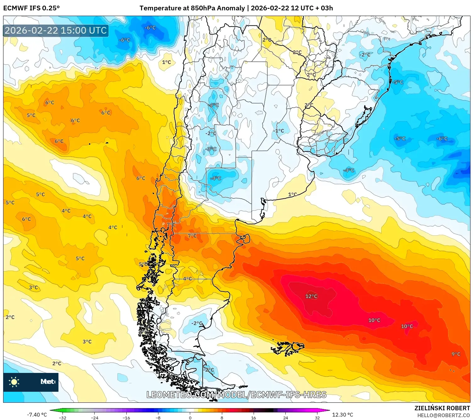 ECMWF IFS 0.25° model - الأرجنتين, انحراف درجة الحرارة 850 hPa