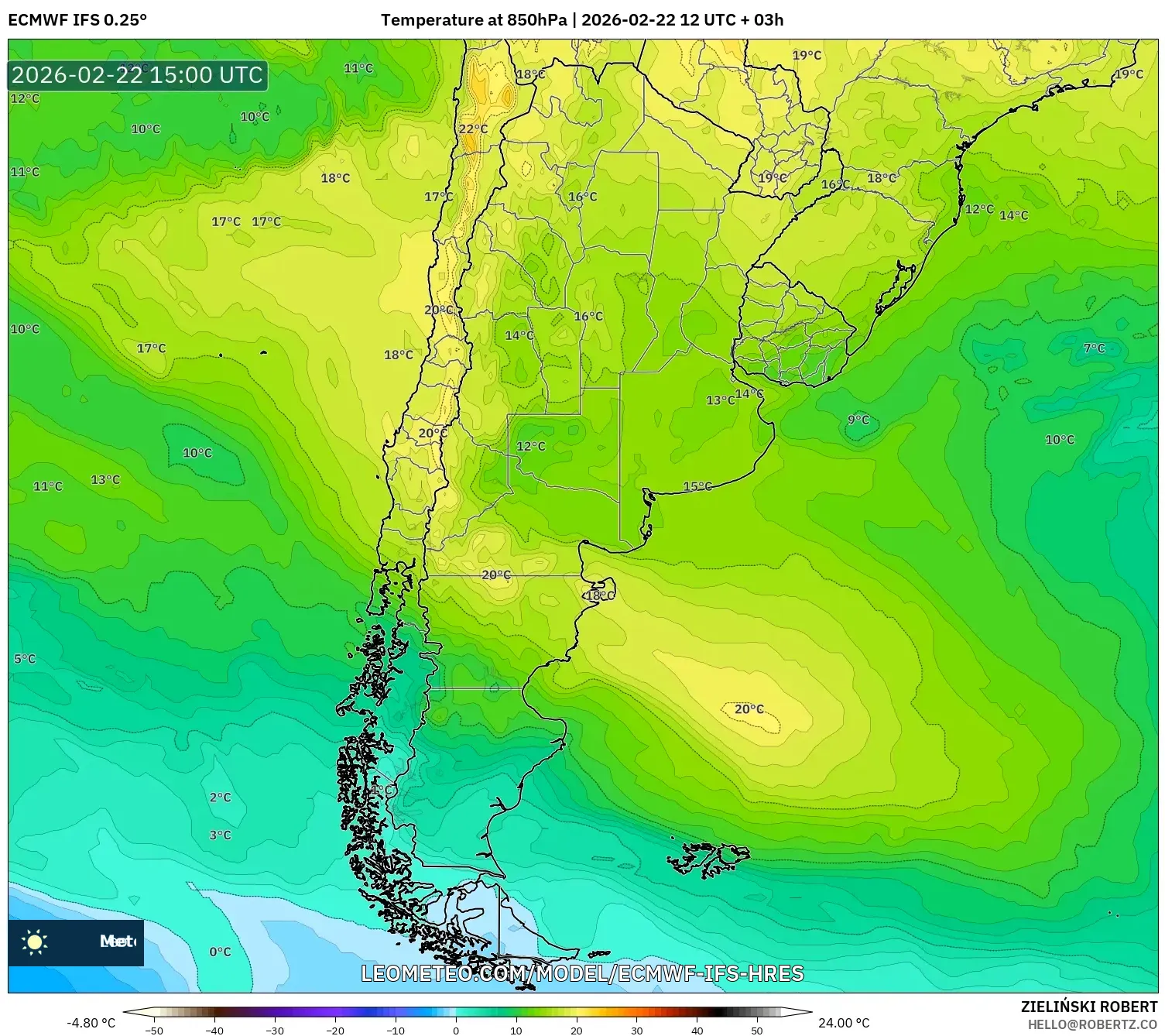 ECMWF IFS 0.25° model - الأرجنتين, درجة الحرارة 850 hPa