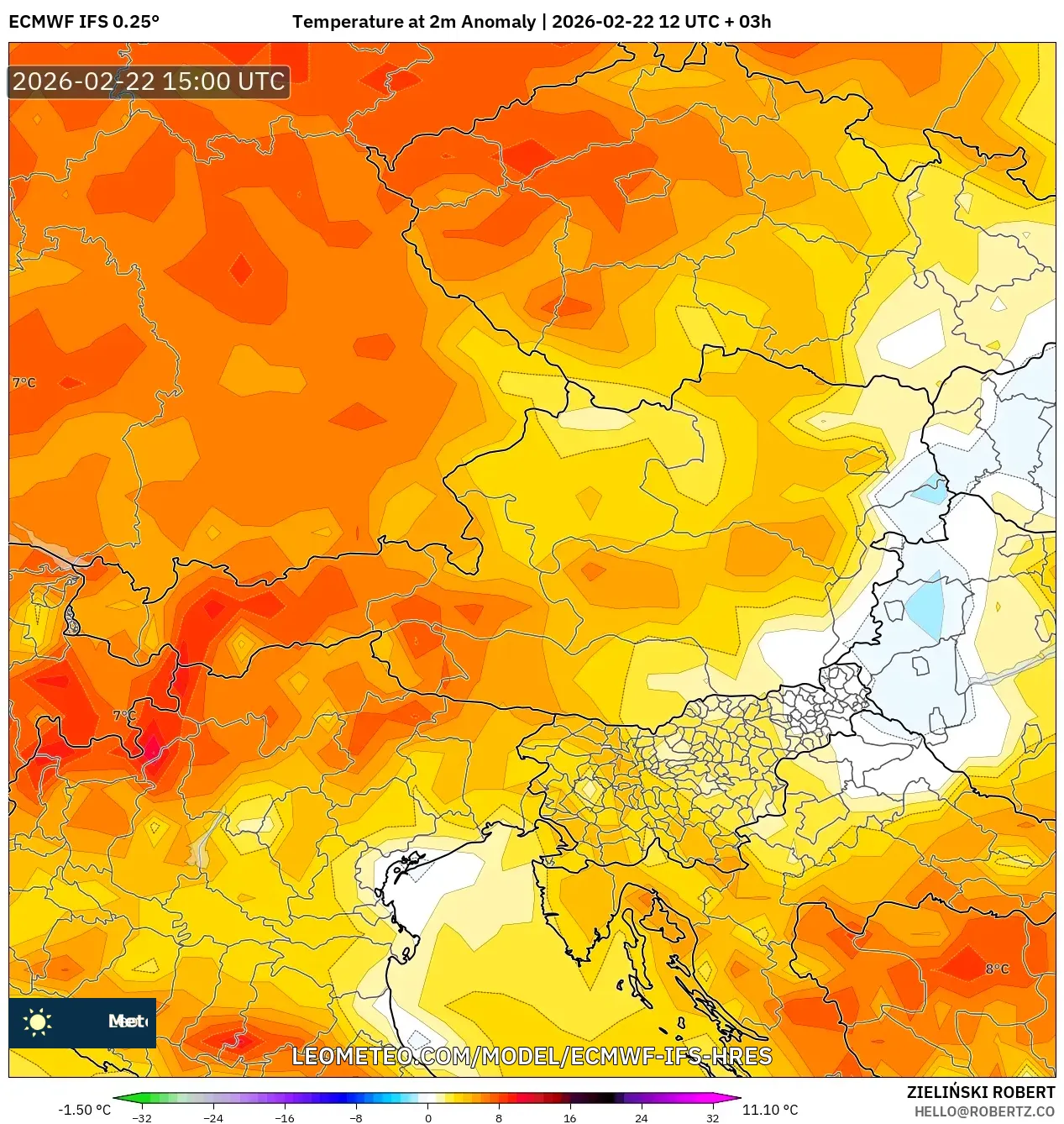 ECMWF IFS 0.25° model - النمسا, انحراف درجة الحرارة 2 م