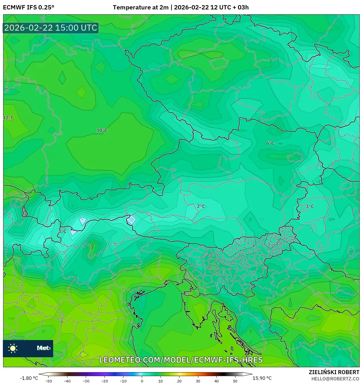 ECMWF IFS 0.25° model - النمسا, درجة الحرارة على ارتفاع 2 م