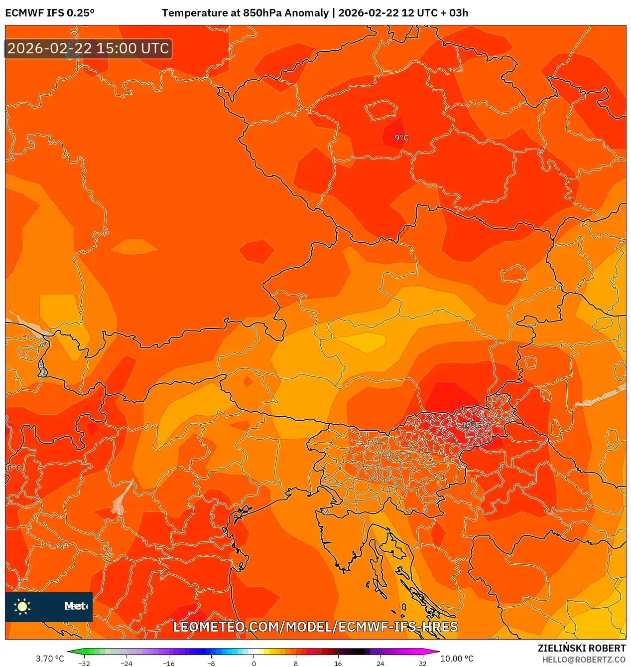 ECMWF IFS 0.25° model - النمسا, انحراف درجة الحرارة 850 hPa