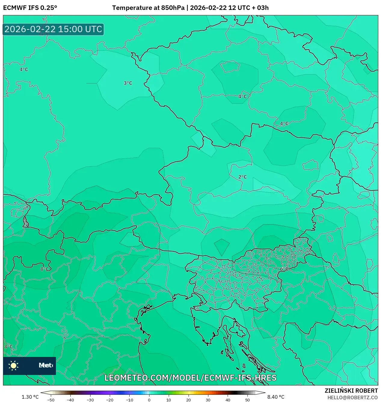 ECMWF IFS 0.25° model - النمسا, درجة الحرارة 850 hPa