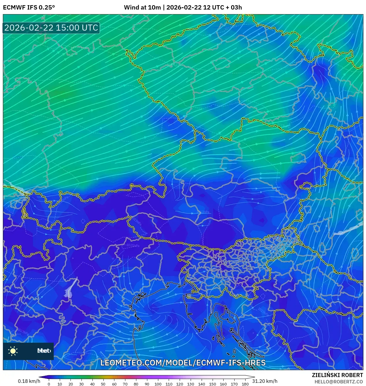 ECMWF IFS 0.25° model - النمسا, رياح 10 م