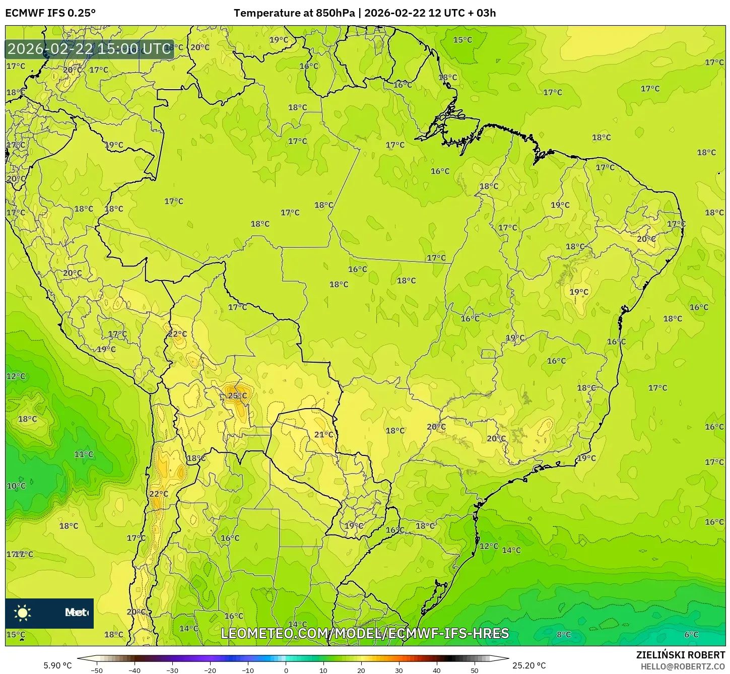 ECMWF IFS 0.25° model - البرازيل, درجة الحرارة 850 hPa